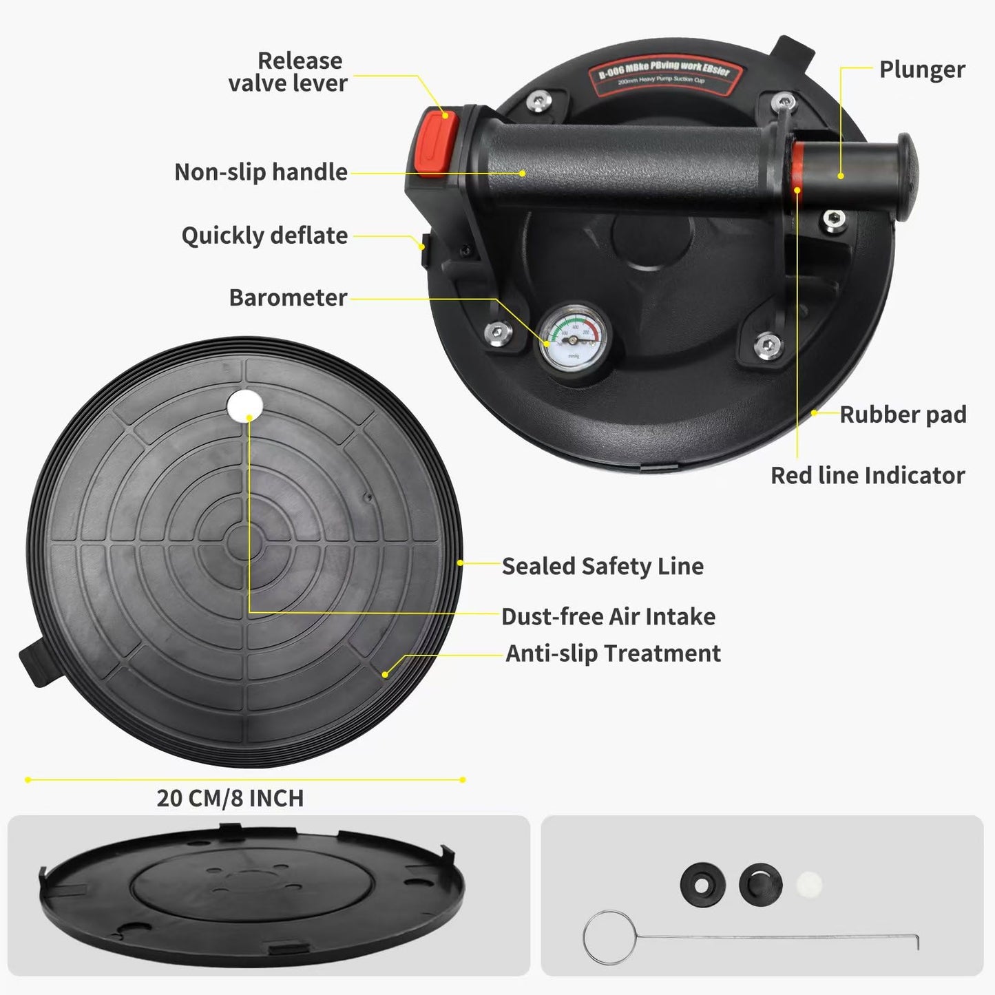 8" Heavy Duty Suction Cups for Glass - 2 Pack with 600 lbs Load Capacity, Heavy Duty Glass Lifter Tool for Window & Tile Lifting