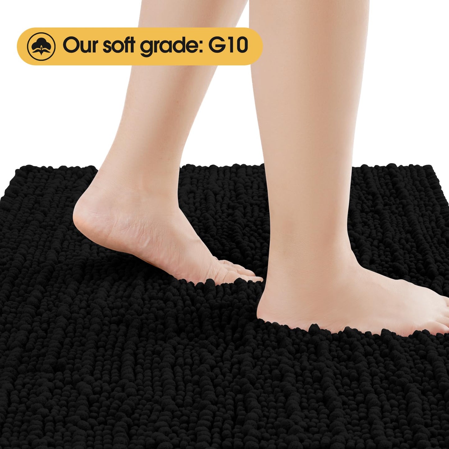 ACCUMTEK Upgrade Extra Large Black Bathroom Rug Set 3 Pieces Ultra Soft, Thick Absorbent Bath Mats, Non Slip Chenille Toilet Mat for Bathroom, Bedroom, Kitchen