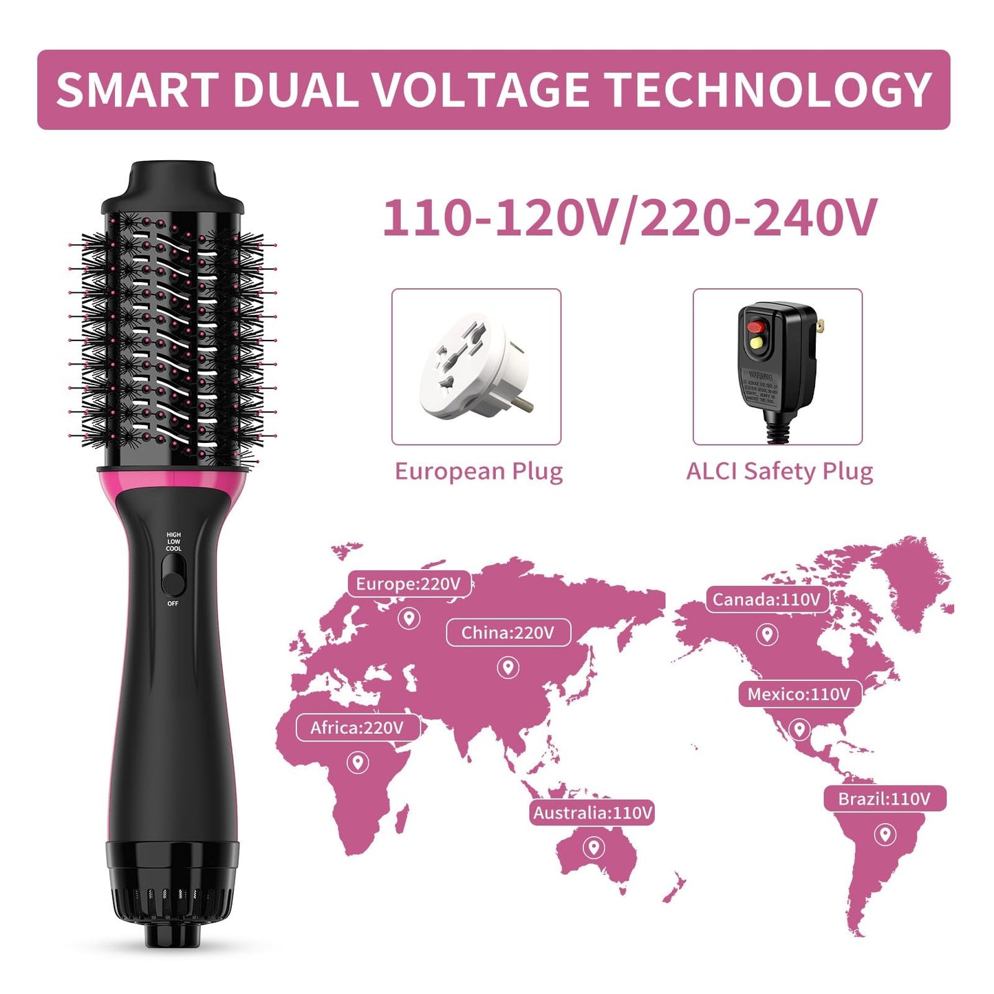 Dual Voltage Hair Dryer Brush for European Travel, 120V - 240V One Step Hair Dryer and Styler Volumizer, Professional Blow Dryer Brush with Negative Ion Anti-frizz for Drying, Straightening, Salon