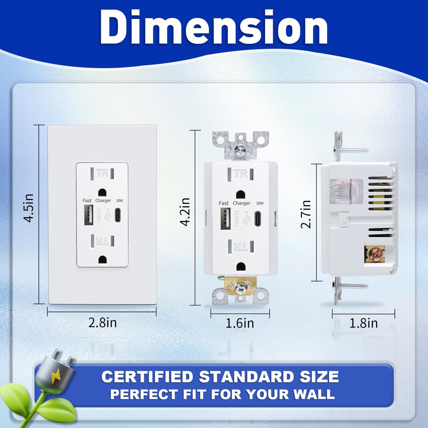 3GRACE USB Wall Outlet, Charger Outlets Receptacles with 4.2A USB C Ports, 15 Amp Duplex Tamper Resistant Receptacle Plug with Electrical Outlet, Wall Plate Included, ETL Listed,White, 10 Pack