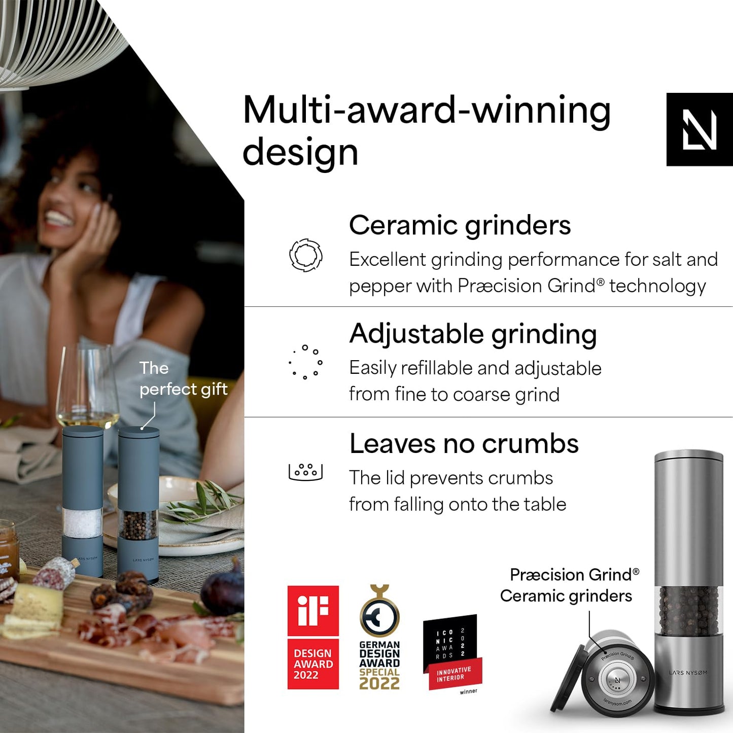 LARS NYSØM Salt and Pepper Grinder Set 2 pieces I Salt Pepper Mill with Adjustable Ceramic Grinder I Design Spice Grinder Set Manual (Stainless Steel)