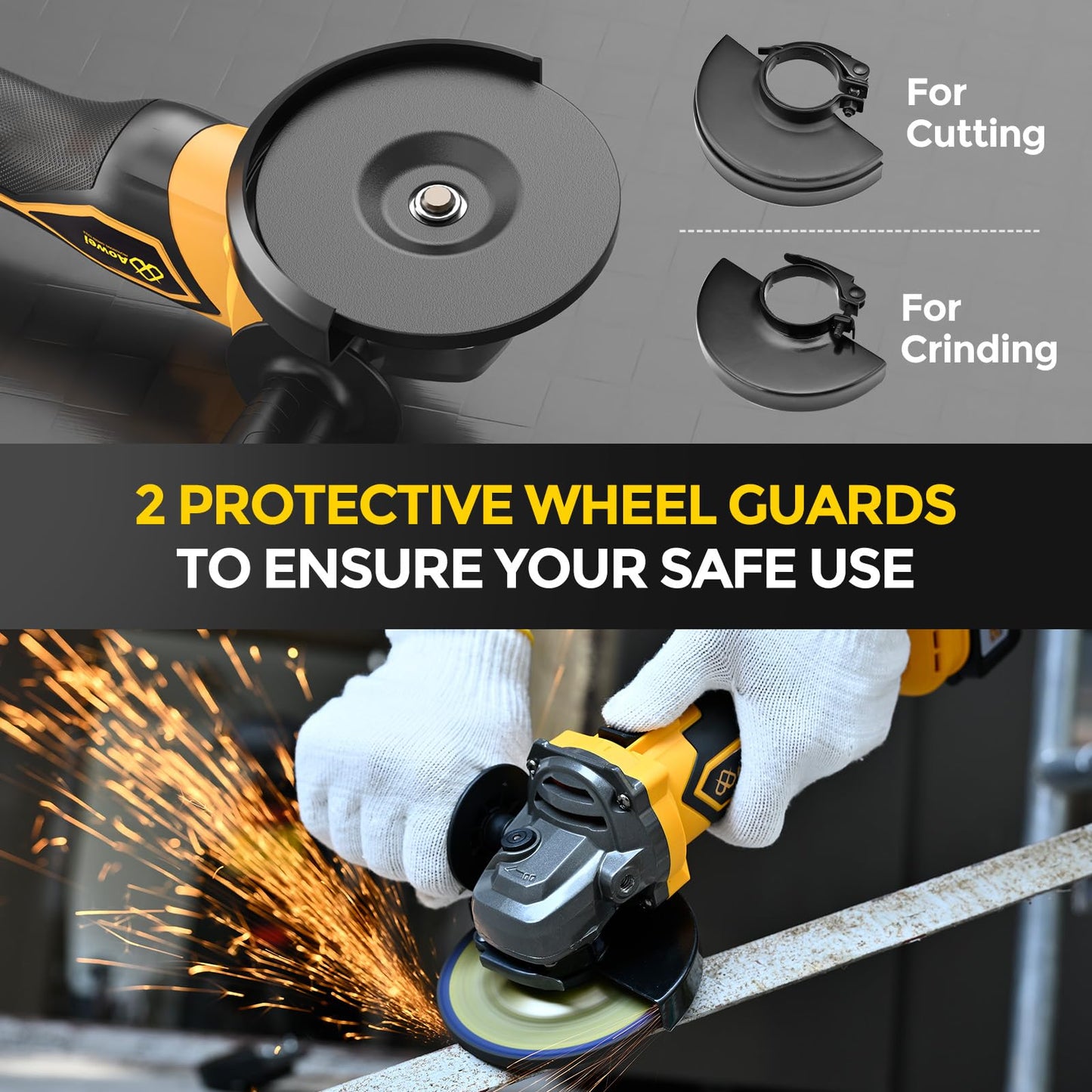 Aowei Brushless Cordless Angle Grinder, 21V Angle Grinder Toolbox Kit, with 2x4.0Ah lithium batteries and charger, yellow 4-1/2 inch grinder, suitable for cutting, grinding, polishing
