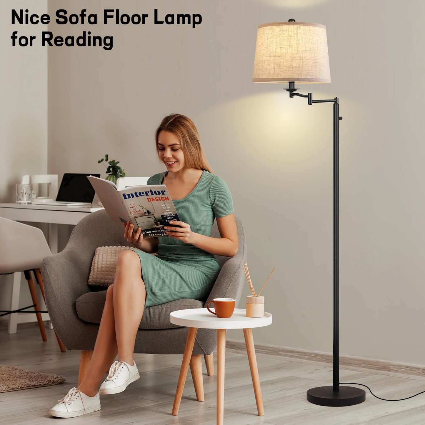 Ruiever Dimmer LED Floor Lamp,Tall Standing Lamp with Swing Arm,Black Lamp with Dimmer LED Bulb,Elegant Floor Lamp for Living Rooms & Bedroom (Black)