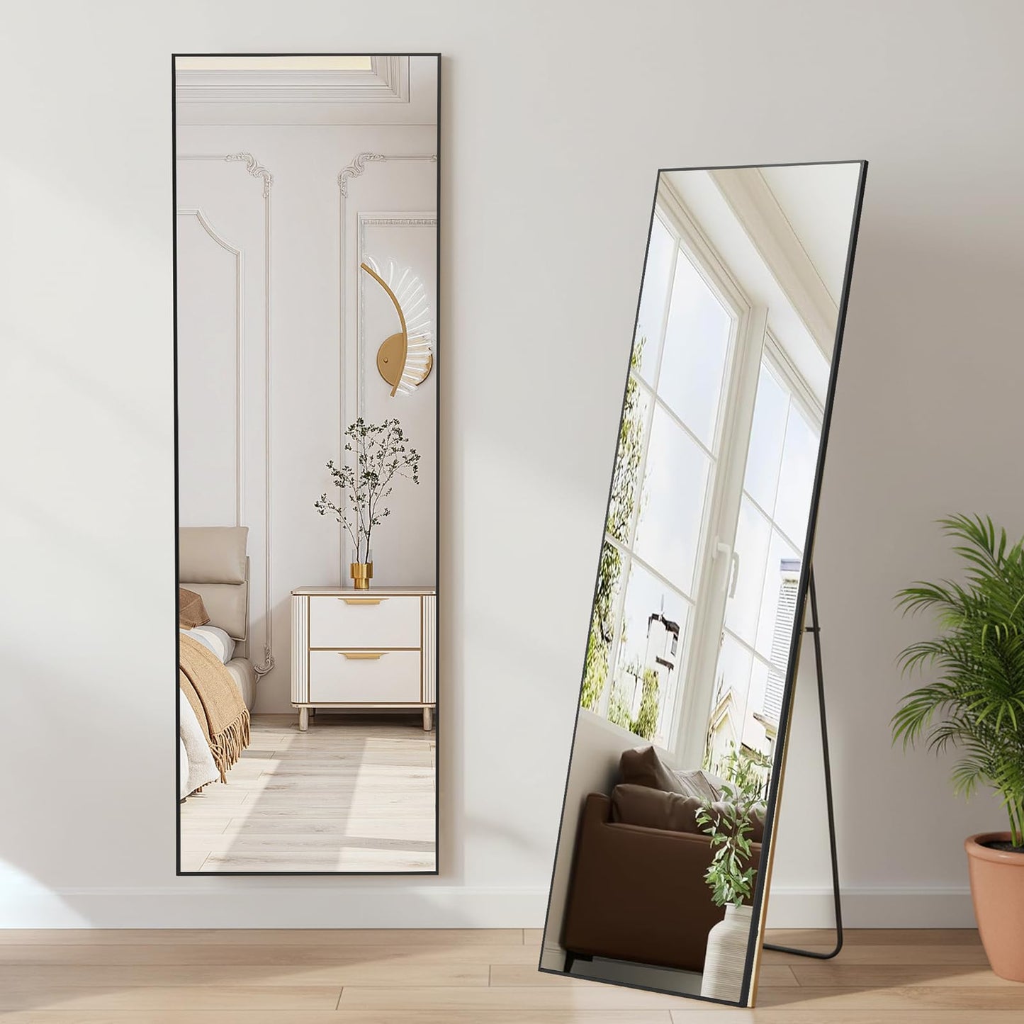 NEWBULIG Full Length Mirror, 59"x16" Full Body Mirror, Standing with Tempered Glass, Hanging or Leaning for Wall, Aluminum Alloy Thin Frame Floor Standing for Bedroom, Cloakroom, Black
