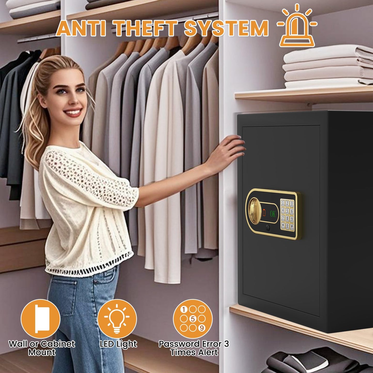 2.5 Cuft Fireproof Safe for Home, Safe Box Fireproof Waterproof with Digital Keypad and Manual Key, Removable Shelf, Fireproof Bag, Personal Security Fire Proof Safes for documents Money Valuables