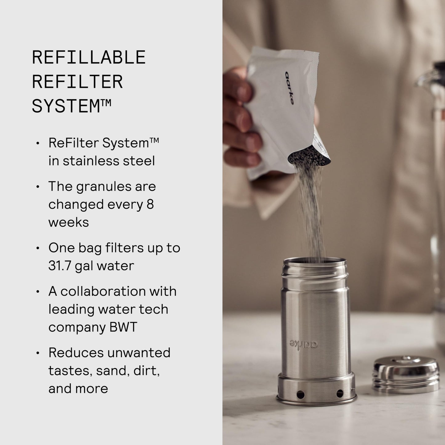 Aarke Purifier Glass Water Pitcher, Refillable Stainless Steel Filter, 8-Weeks Performance, BPA-Free, Dishwasher Safe, Pure & Enriched Refill Granules, 1.66L (7 Cups) Capacity