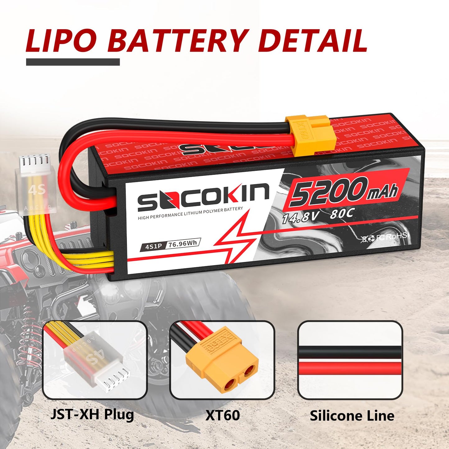 Socokin 14.8V Lipo Battery 4S 5200mAh 80C with Hard Case XT60 Plug for RC Evader BX Car RC Buggy RC Boat Drones Slash 1/10 Scale Racing Truck Racing RC Heli Airplane (2 Pack)