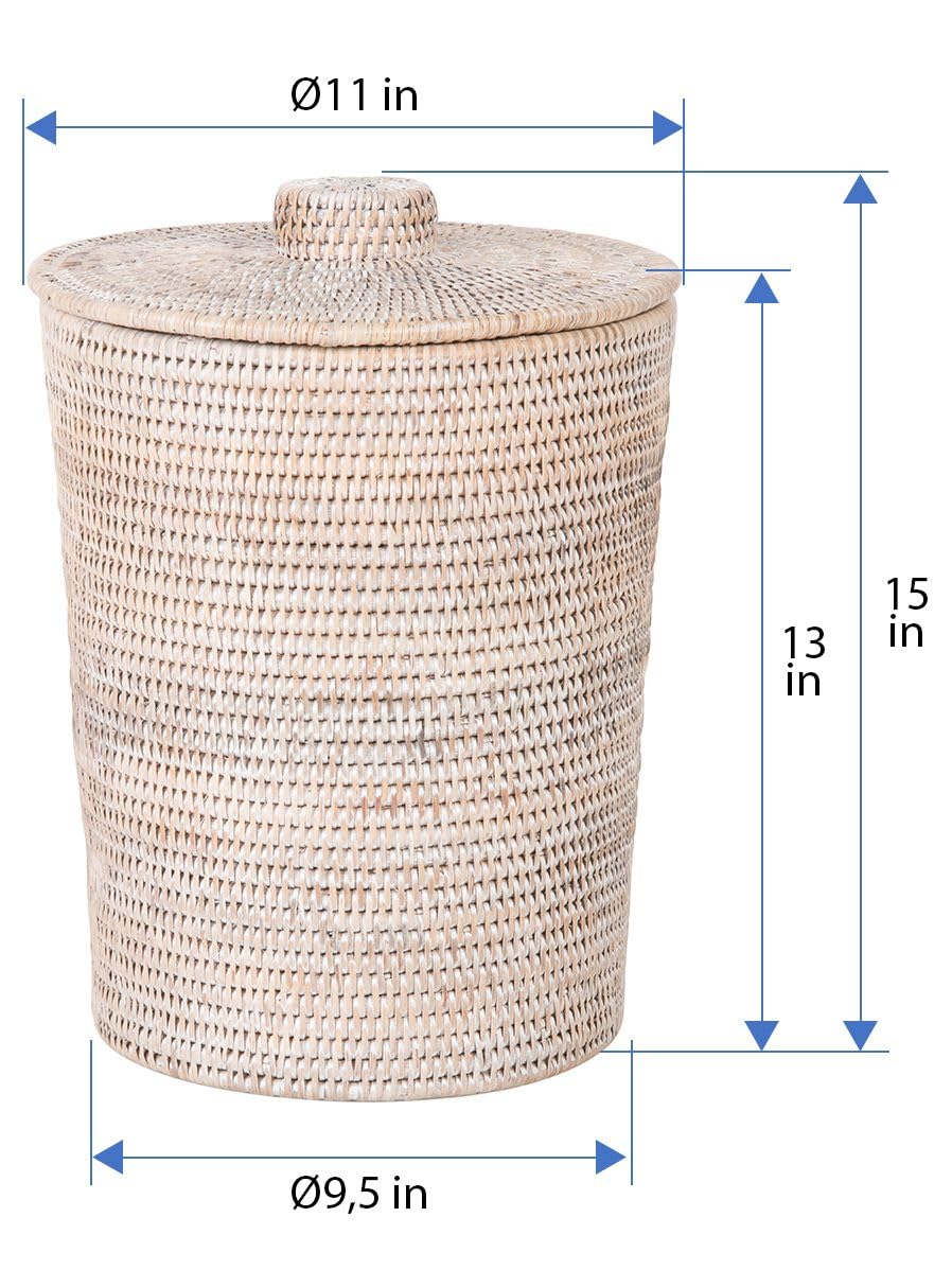 Kouboo La Jolla Rattan Round Plastic Insert & Lid, Dorm Waste Basket, Bedroom, Living Room, Bathroom Basket for Dry Organic, Home Decor, Large White-Wash