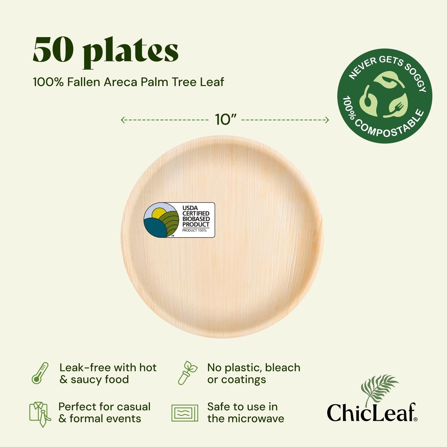 Chic Leaf Palm Leaf Plates - 10" Round - 50 Pack of 100% Compostable, Biodegradable & Disposable Bamboo Plates - Heavy Duty, Sturdy Paper Alternative for Wedding Desserts & Events
