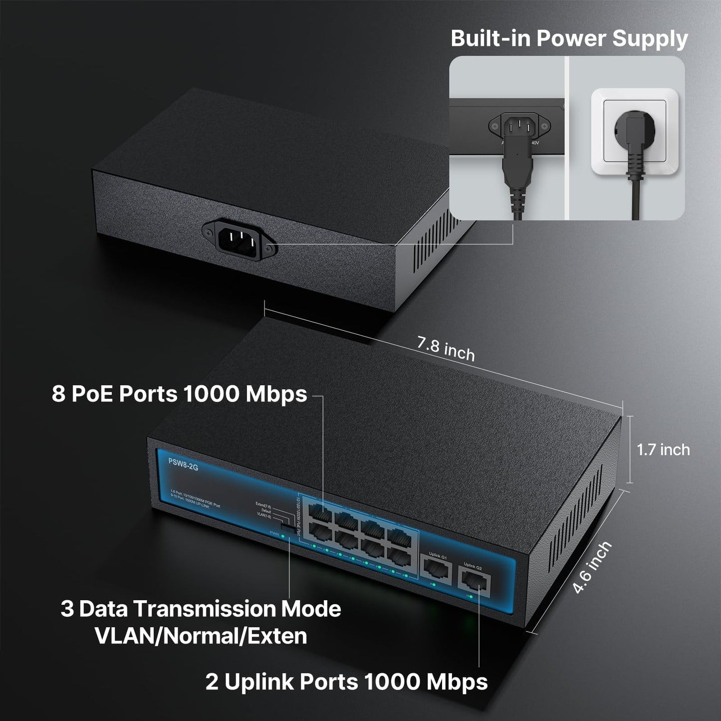 8 Port Full Gigabit PoE+ Switch with Rack Mount Ears, with 2 Gigabit Uplink Ports Up to 30W Per Port, Total Budget 120W, 48 Volt 802.3af/at Compliant, Compatible with PoE IP Cameras VOIP Phones