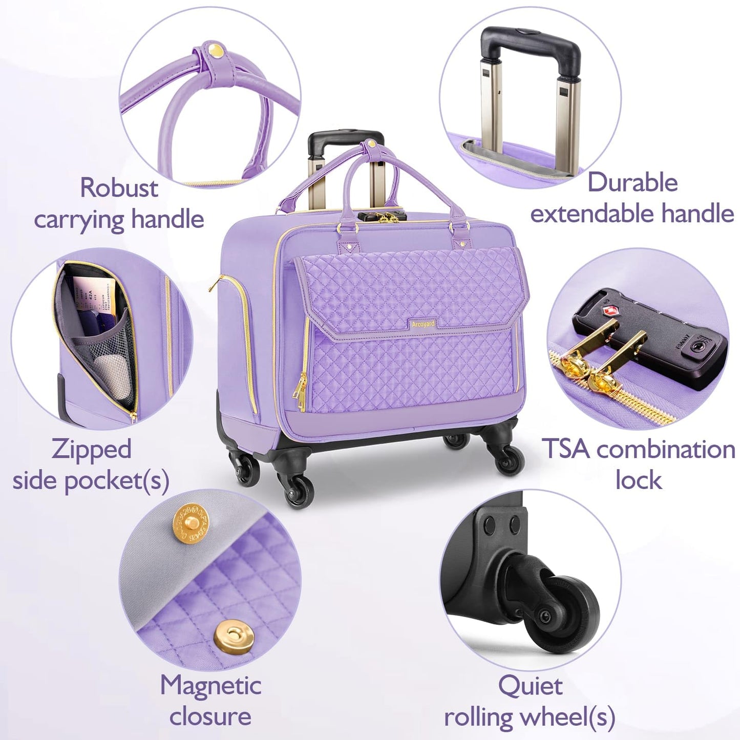 Arcoyard Rolling Teacher Bag, Briefcase for Women with 4 Spinner Wheels, Roller Laptop Bag for Work with Leather Handle, Womens Travel Carry On, TSA Friendly Design, Purple