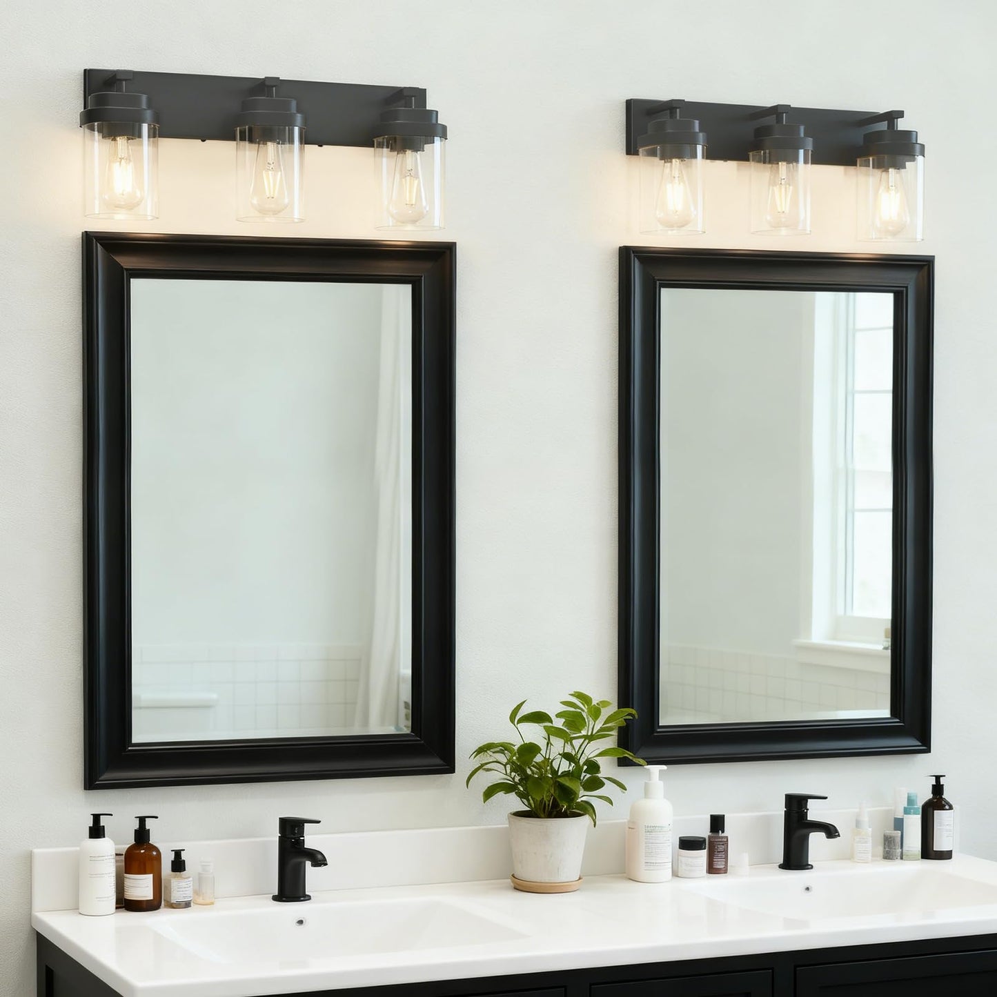 LKHF Black Bathroom Light Fixtures, 3 Lights Bathroom Lighting Fixtures Over Mirror, Square Design & Rectangle Large Backplate, Modern Vanity Lighting Fixtures, for Bathroom/Living Room/Bedroom