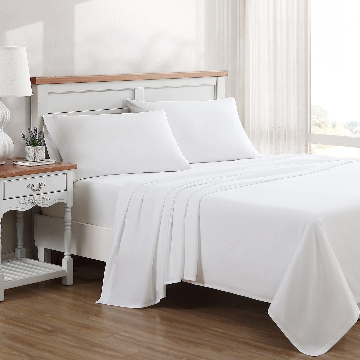 Laura Ashley - Queen Sheet Set, Cotton Percale Bedding Set, Crisp & Cool Home Decor (Solid White, Queen)