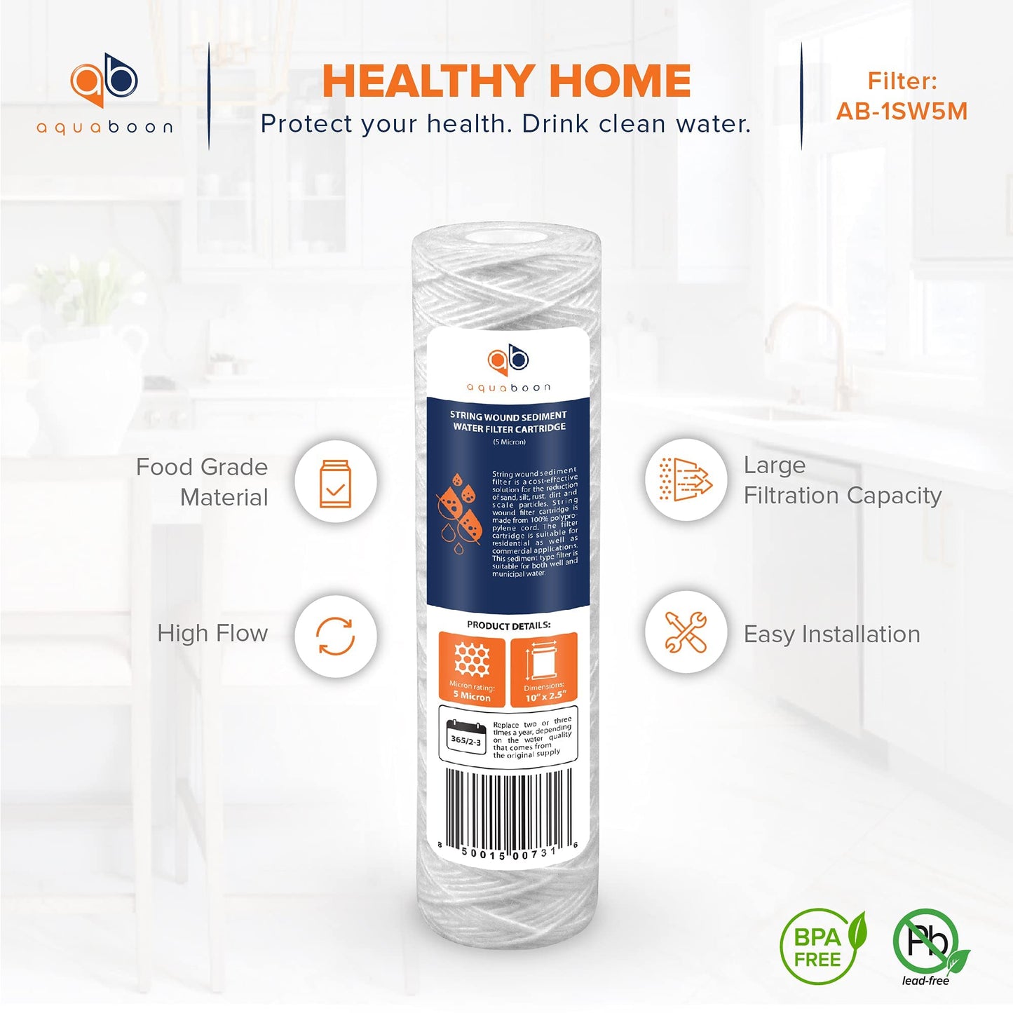 Aquaboon Whole House 5 Micron 10 x 2.5 String Wound Sediment Water Filter Cartridge Replacement Compatible with Well Water Filter WHKF-WHSW, 6-Pack