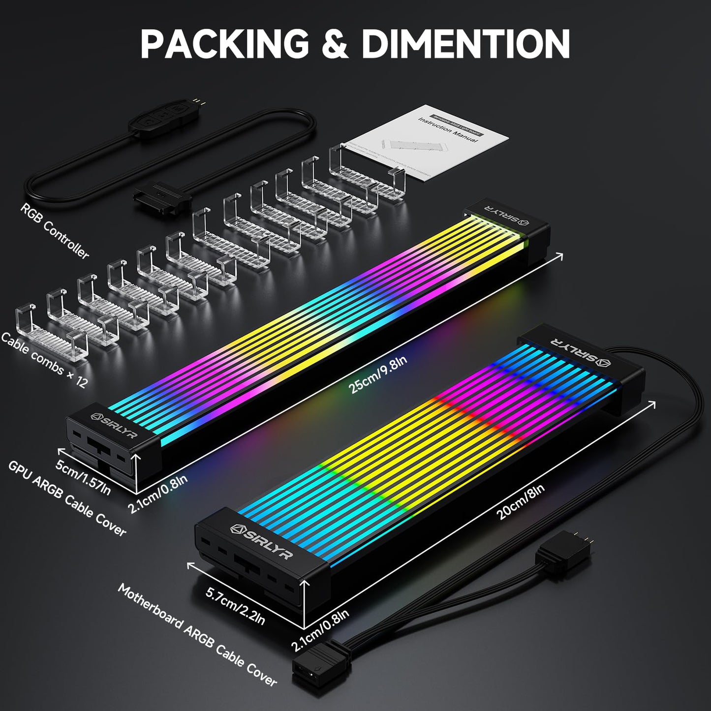 Sirlyr Black RGB LED Strips for PSU Cables - Flexible ARGB Lighting Sleeves,Manage/Cover 8 pin PCIE/12VHPWR GPU,24 Pin ATX Power Supply Cable and Extensions,Decor PC Case,5V 3Pin SYNC