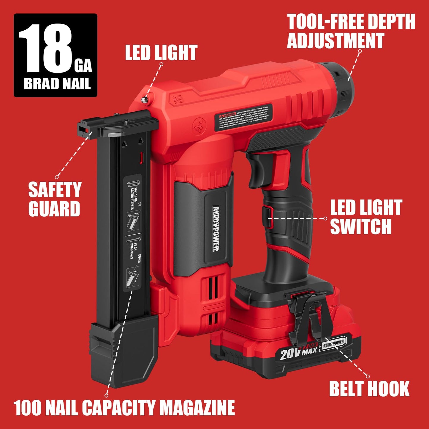 ALLOYPOWER 2 in 1 Cordless Brad Nailer/Electric Stapler with 2.0Ah Battery and Charger,1000pcs Nails and 500pcs Staples Included for Home Improvement & Woodworking