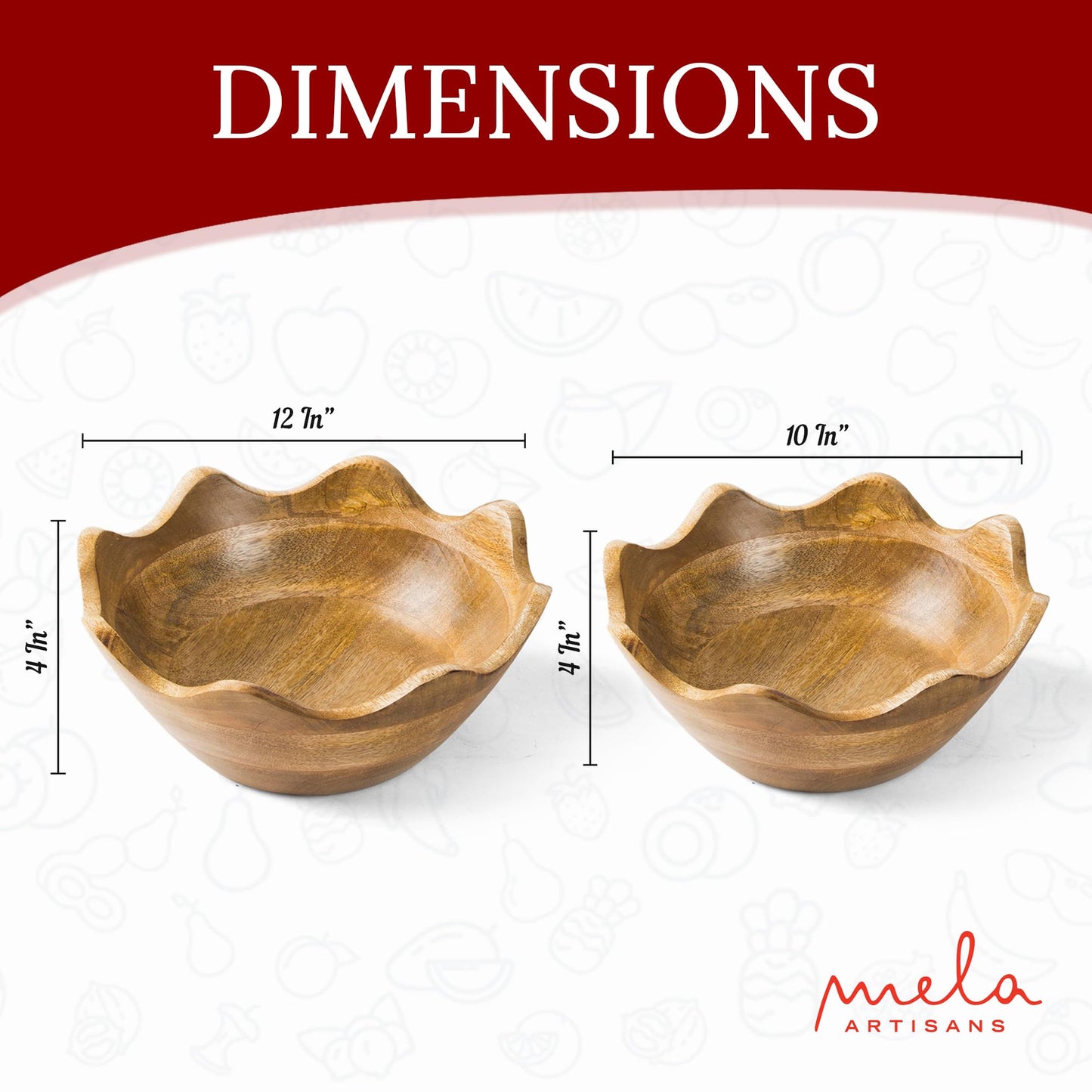 Mela Artisans Scalloped Decorative Wooden Bowls Set of 2 |12 Inch &10 Inch Mango Wood Fruit | Serving Bowls | Natural Grain Texture | Kitchen Counter | Snacks | Desserts | Bread | Handcrafted Decor