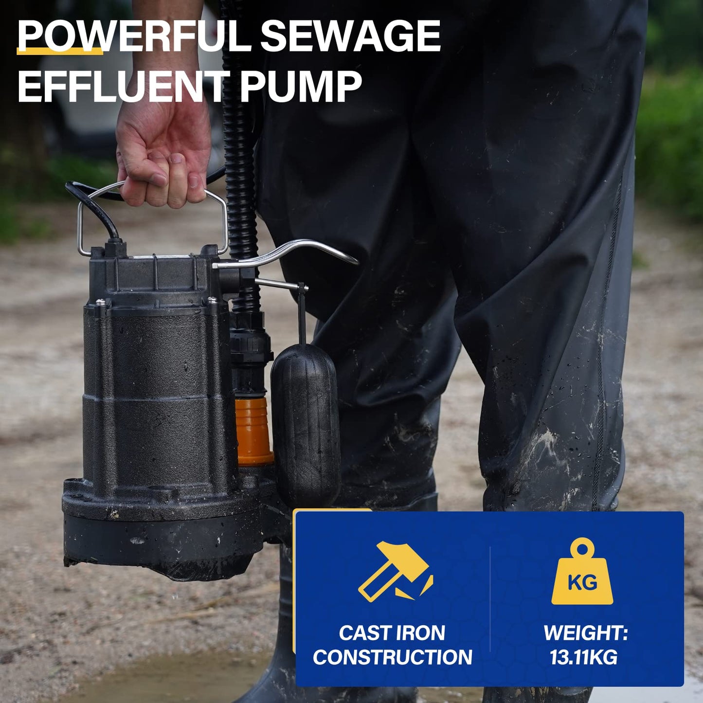 Acquaer 1/3 HP Submersible Sewage/Effluent Pump,3680 GPH Cast Iron Sump Pump with Automatic Integrated Snap-action Float Switch for Basement,Flooding Area…