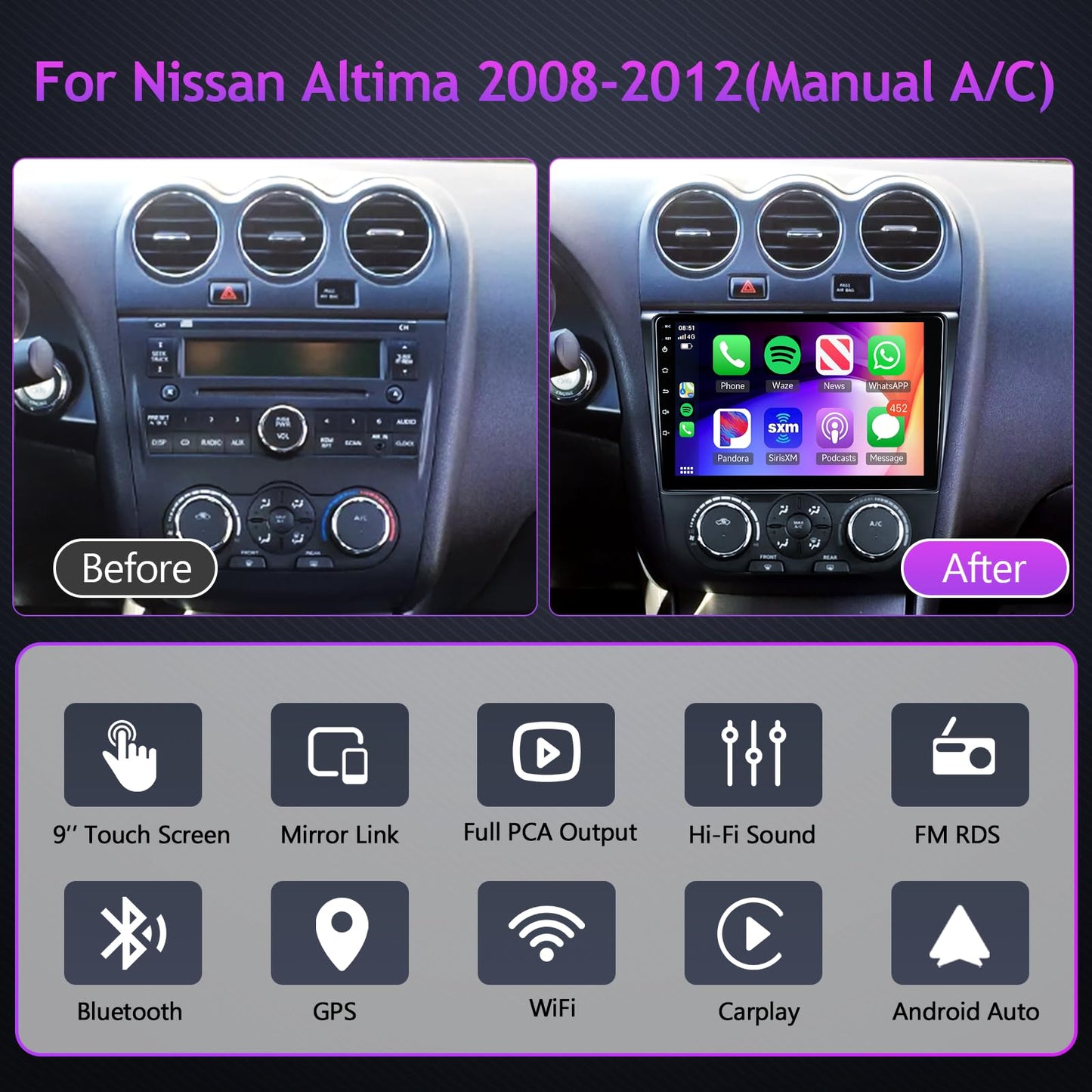 【HiFi 16EQ】 2G+64G Car Stereo Radio for Nissan Altima 2008-2012 Manual A/C with Carplay Android Auto MirrorLink,Podofo 9inch 1080P IPS HD IPS Touchscreen Bluetooth RDS FM Radio GPS WiFi Backup Camera