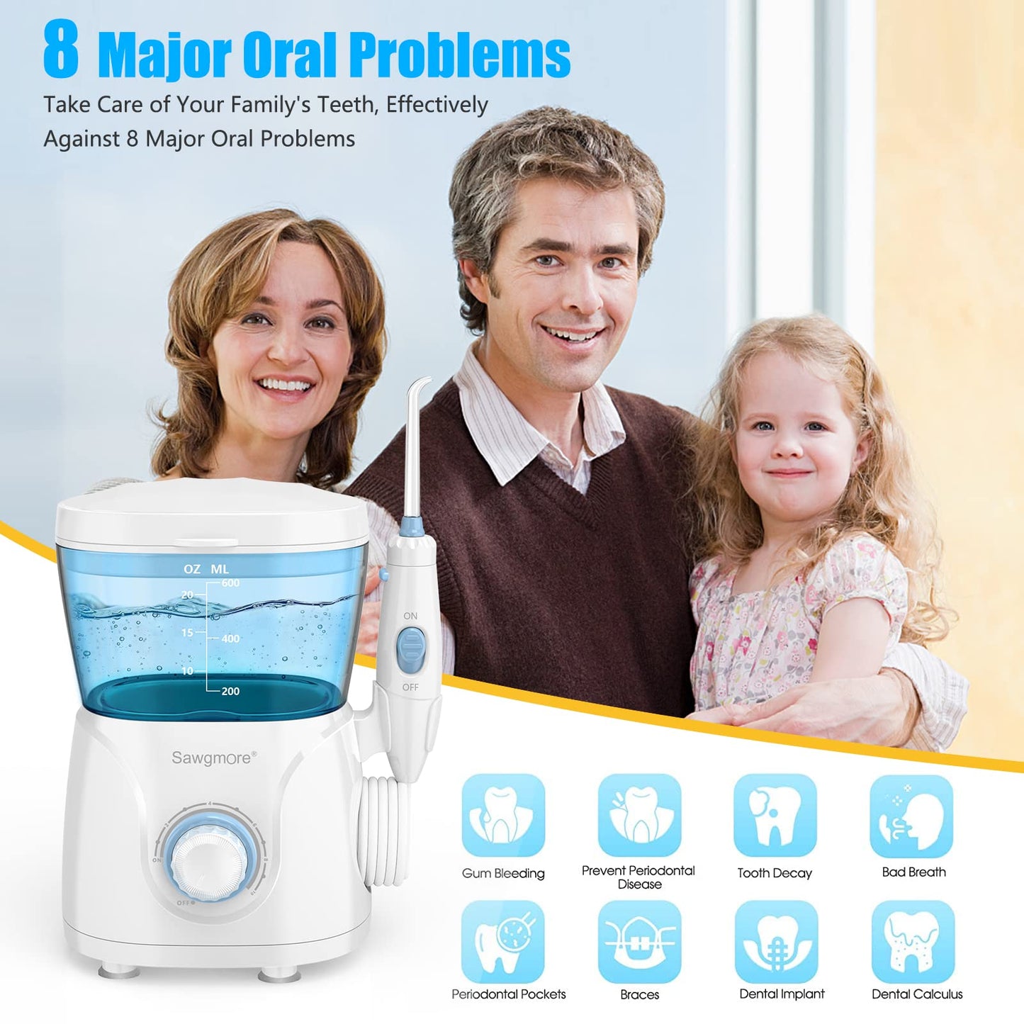 Sawgmore FC166 Water Flosser for Teeth/Braces, 600 ml Large Capacity, 10 Adjustable Pressures,8 Home Nozzles Professional Oral Irrigator for Teeth Clean(White)