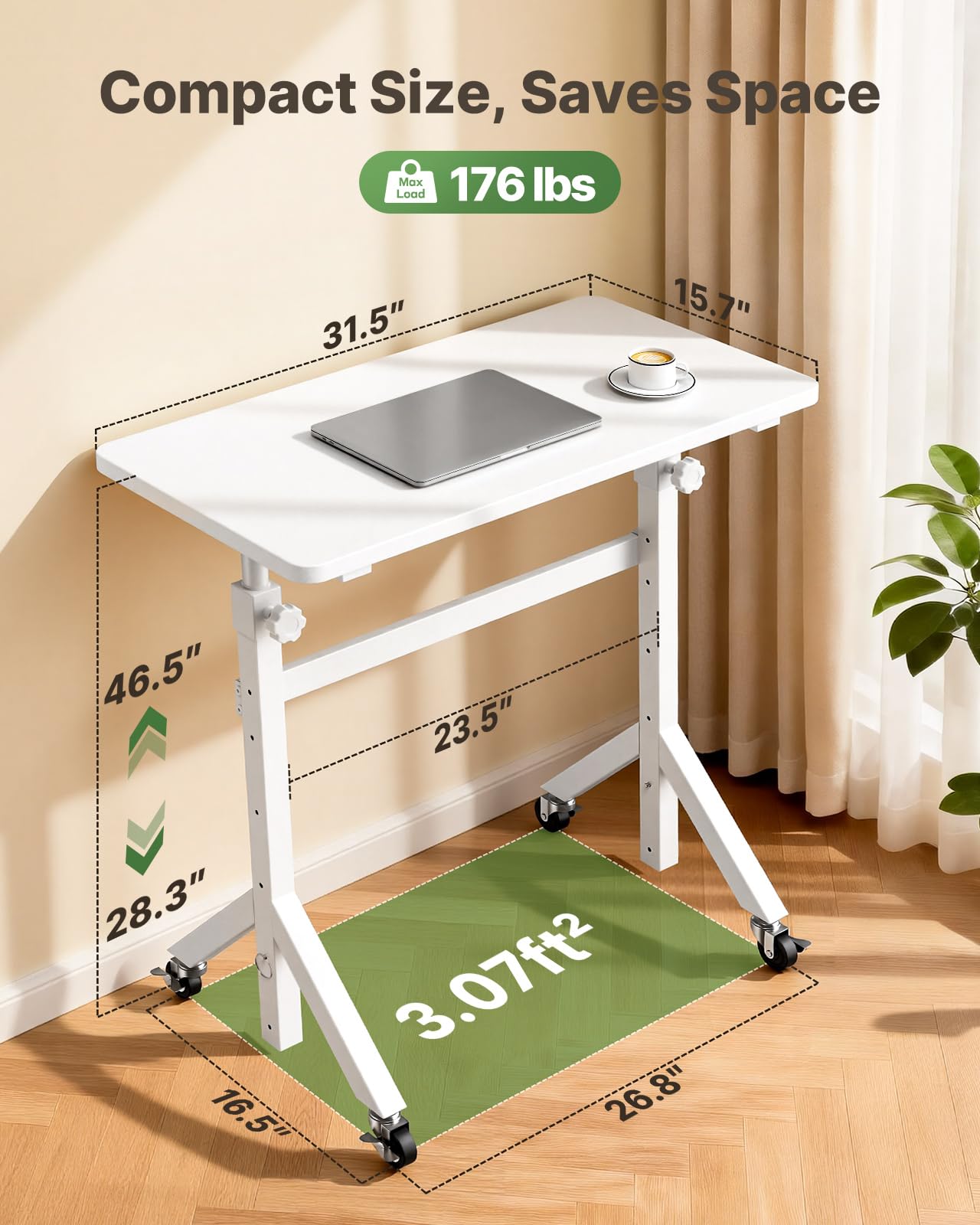 Marsail Mobile Stand Up Desk with Wheels, Adjustable Height Desk from 28.3″ to 46.5″, Rolling Standing Desk with Lockable Wheels, Portable Small Desk for Walking Pad and Treadmill, White