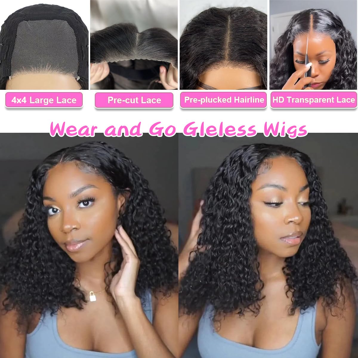 virginess Wear and Go Glueless Wigs Human Hair Pre Plucked Pre Cut Deep Wave Curly Bob Wig Human Hair Lace Front Wigs for Black Women 4x4 Lace Closure Human Hair Bob Wigs Glueless 14 Inch