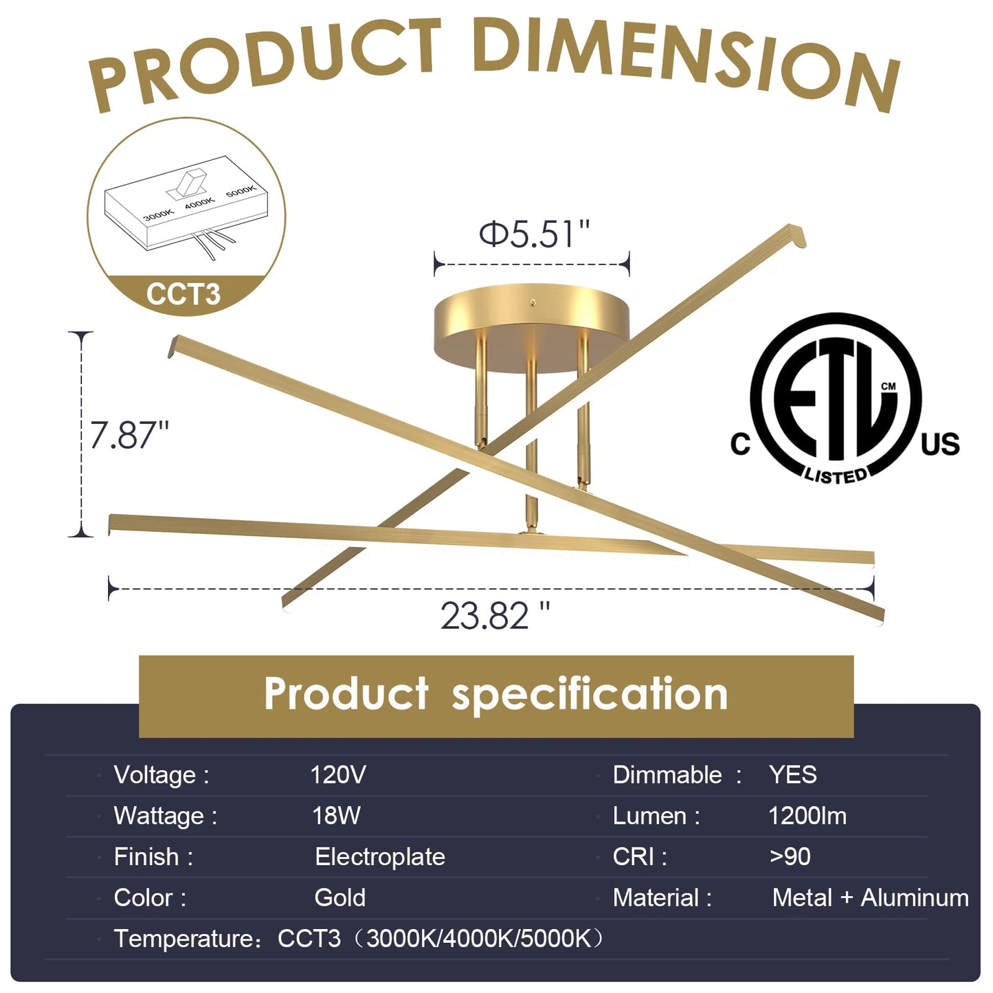 AIRYPHANT Gold LED Chandelier, 3-Lights Modern Semi Flush Mount Ceiling Lighting Fixture for Kitchen Dining Room Foyer Entry Bedroom, 23.82” 18W