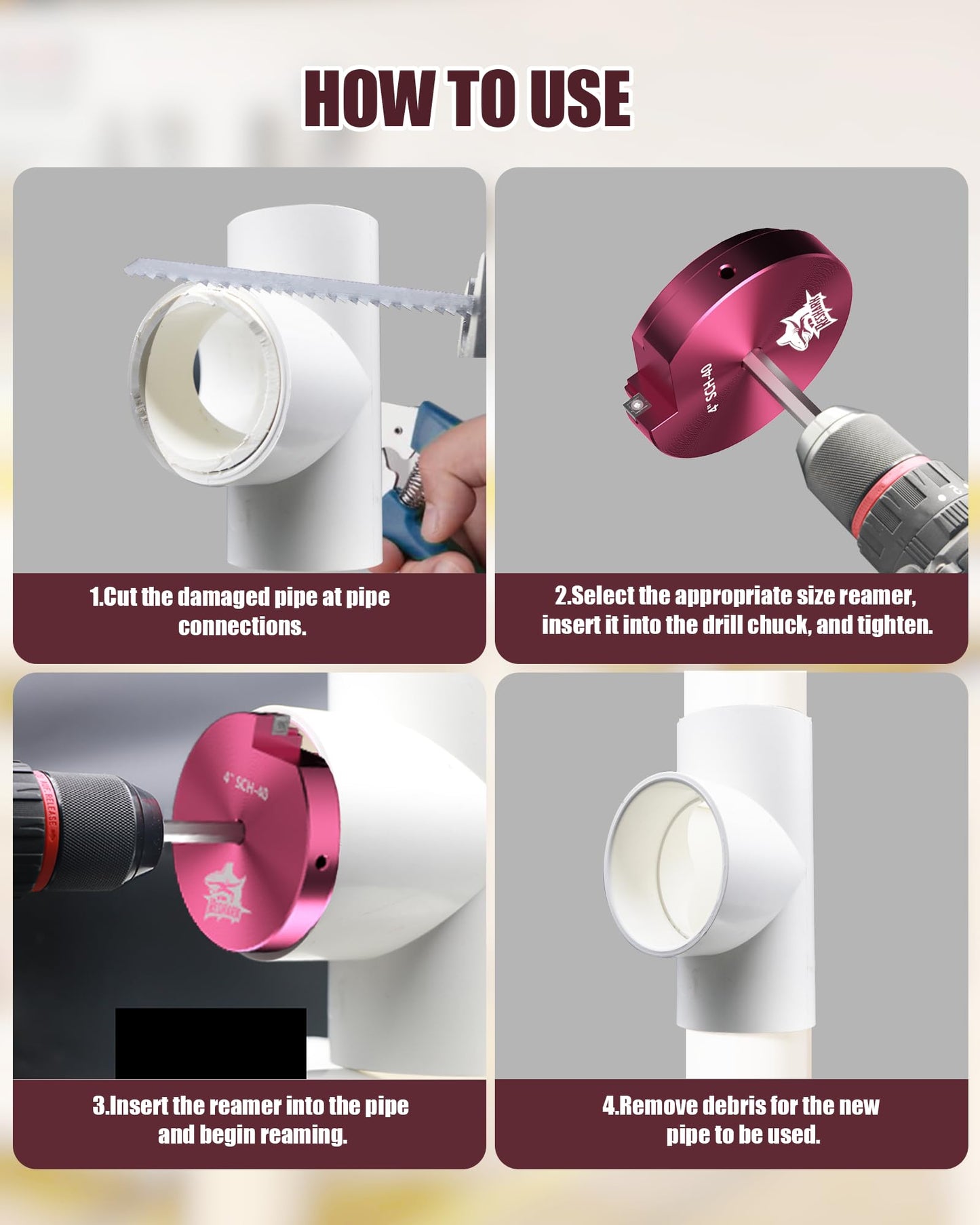 9 Pcs PVC Pipe Reamer Kit, PVC Fitting Saver, Plastic Pipe Fitting Reamer Socket Saver Plumbing Tool Includes 1/2, 3/4, 1, 1 1/4, 1 1/2, 2, 2 1/2, 3, 4 inch for Schedule 40 Fits Standard 1/2" Drill
