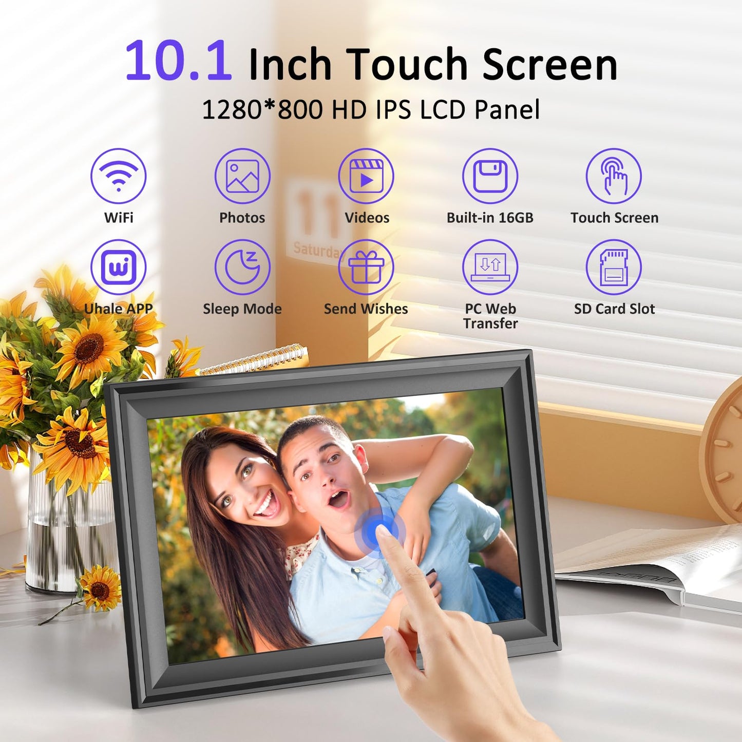 ThankVip Digital Picture Frame 10.1 Inch WiFi Photo Frame Electronic, IPS HD Display Touch Screen,16GB Storage, Slideshow, Wall Mountable, Auto-Rotate, Share Photos and Video via Uhale App