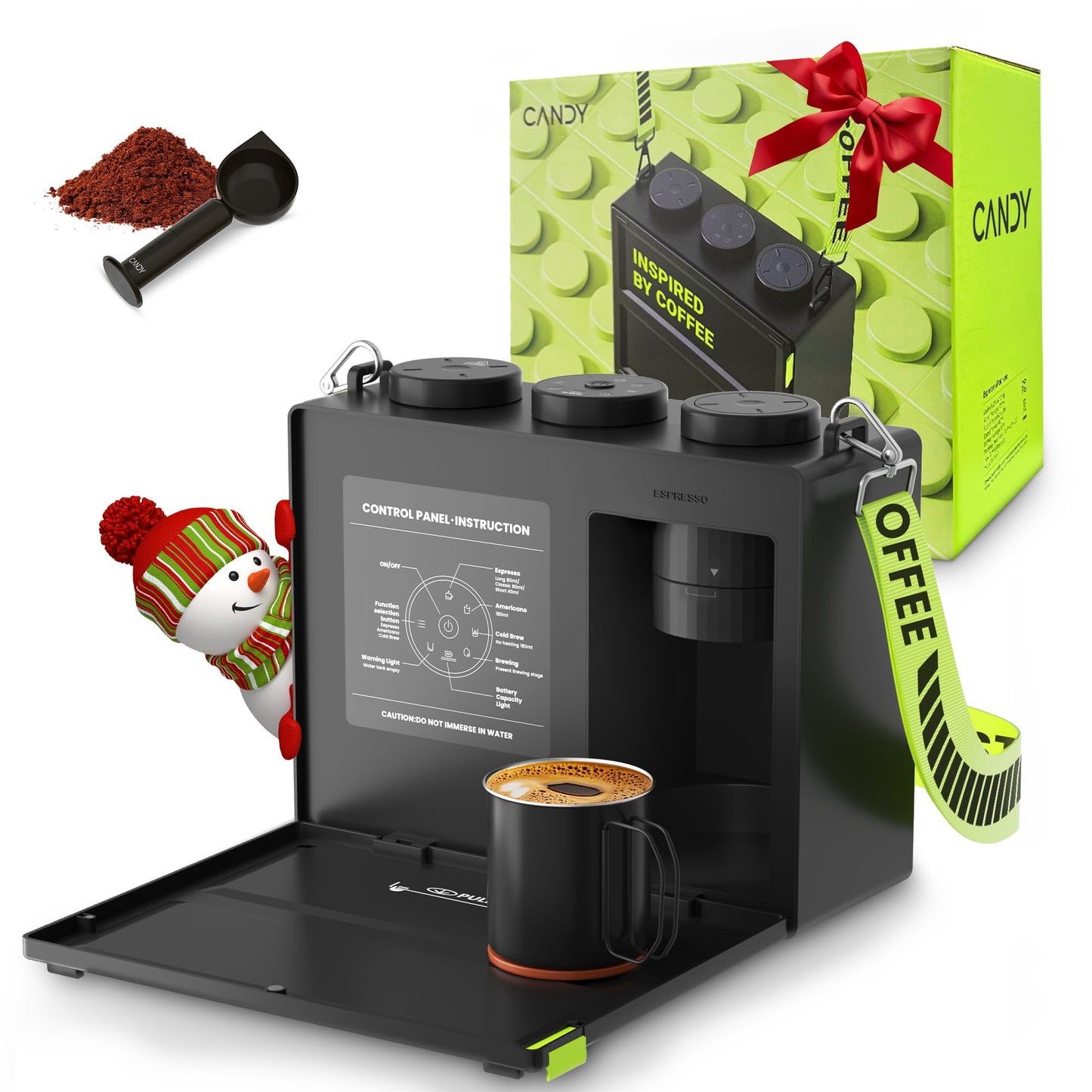 CANDY Portable Espresso Machine with Strap, 3 in 1 Coffee Maker, One-Touch Operation, Rechargeable Cold Brew Up to 60 Cups, for Ground, Ideal for Camping, RV & Outdoor, Home, Heating in Plug-in Mode