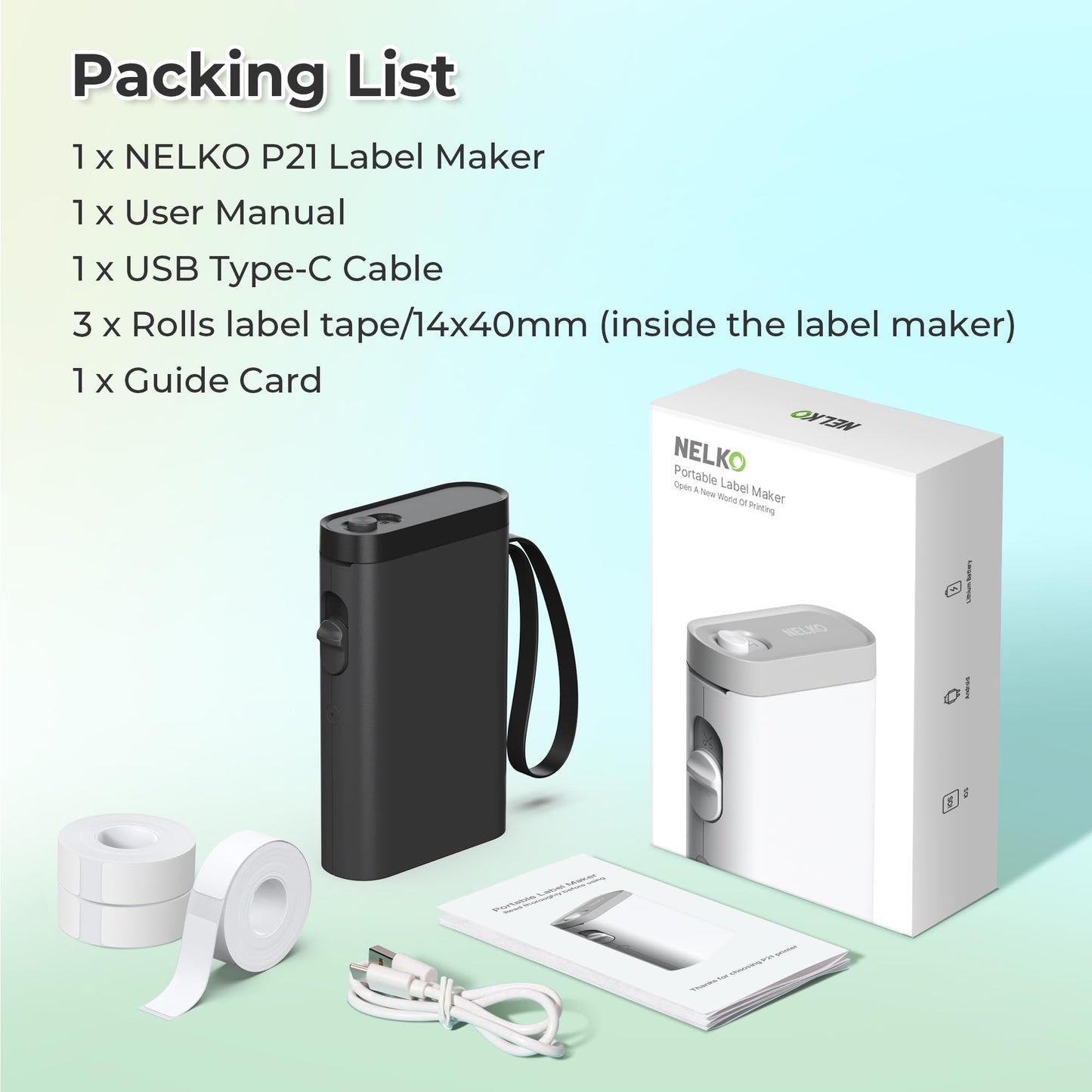 Nelko Label Maker Machine with Tape, P21 Bluetooth Label Printer with 3 Tapes, Wireless Mini Label Makers with Multiple Templates Icon Font Custom for School Office Home, Black