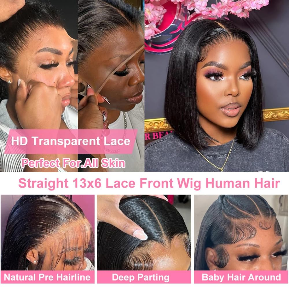 Urbansister 13x6 Bob Lace Front Wig Human Hair 12 Inch Short Straight Bob Frontal Wigs Pre Plucked With Baby Hair Hd Transparent Lace 200% Density Glueless Bob Wigs for Black Women