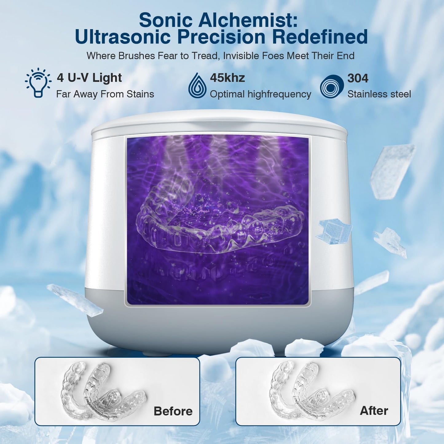 AnyFine Advanced Ultrasonic Retainer Cleaner Machine for Dentures, Mouth Guards, Braces, Toothbrush Heads, Jewelry, 45kHz Triple-Phase Purification System, 4 Modes for Multiple Dental Appliances