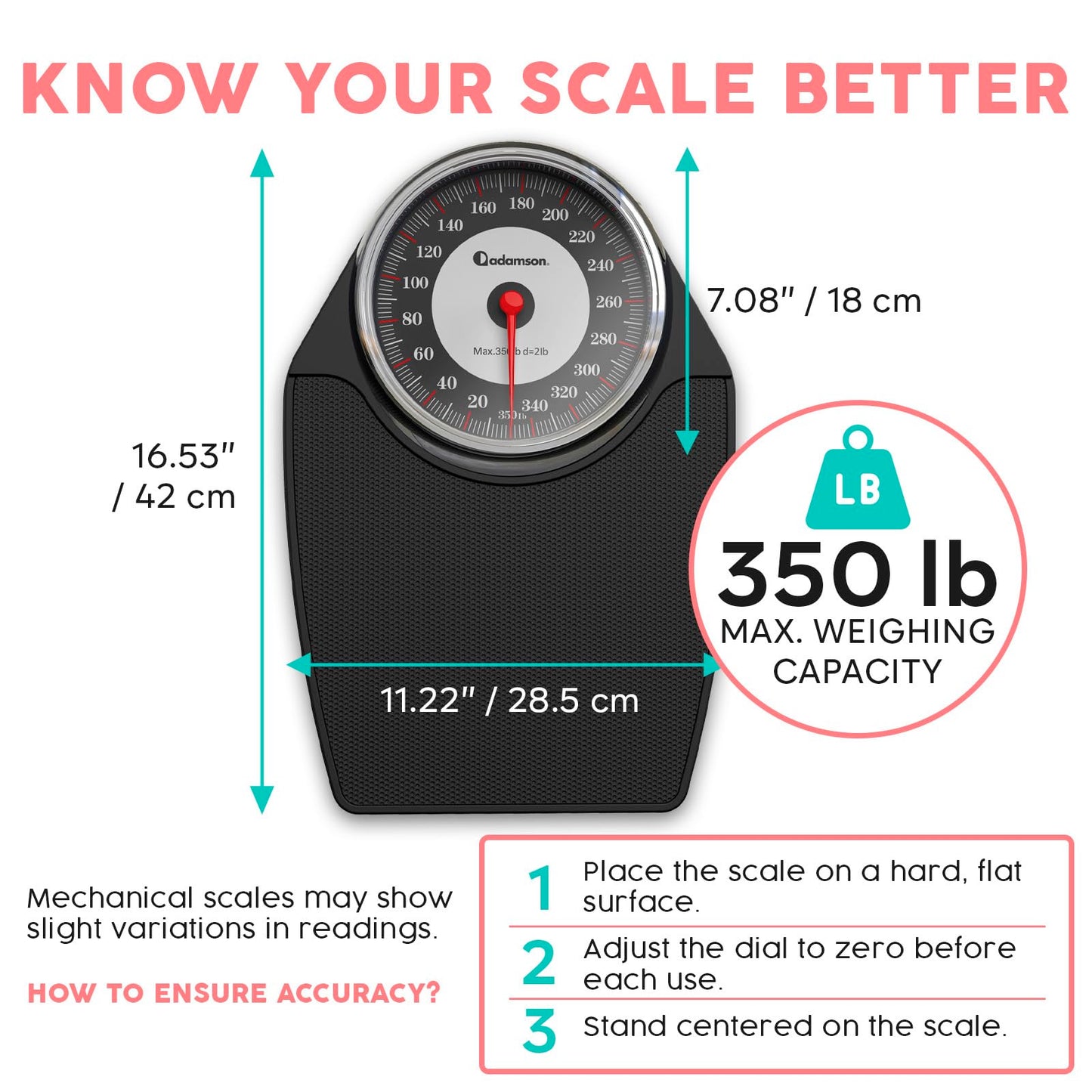 Adamson A24 Scales for Body Weight - Up to 350 LB - New - Anti-Skid Rubber Surface Extra Large Numbers - High Precision Bathroom Scale Analog - Durable with 20-Year Assurance - Black