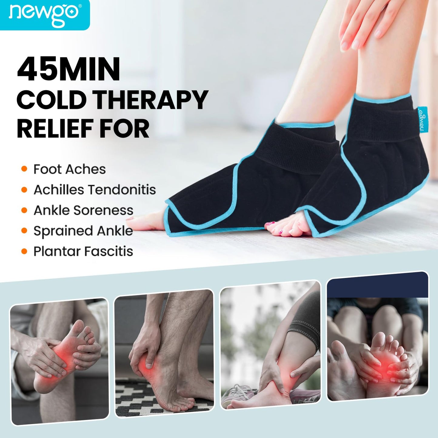 NEWGO Foot Ice Pack Wrap for Plantar Fasciitis, 2Pack Ice Pack for Ankle Foot Achilles Tendon, Bunion Surgery, Heel Spur, Reusable Heel Ice Pack for Foot Injury and Pain Relief - Black
