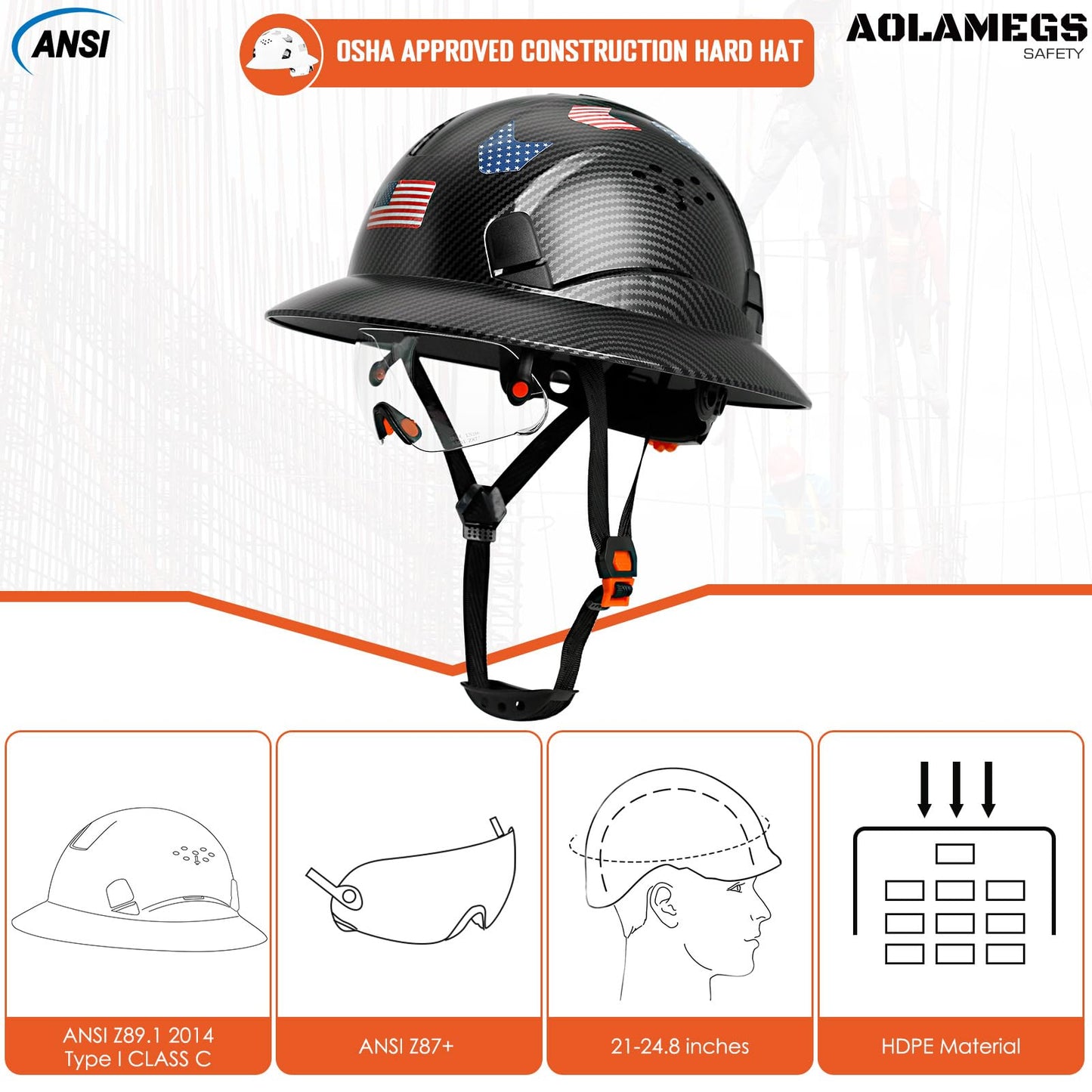 Aolamegs Safe Matte Black Carbon Fiber Pattern Full Brim Hard Hat with Visor - Vented Hard Hats Construction OSHA Approved for Men Adult, Reflective Safety Helmet with Chin Strap,6-Point Suspension