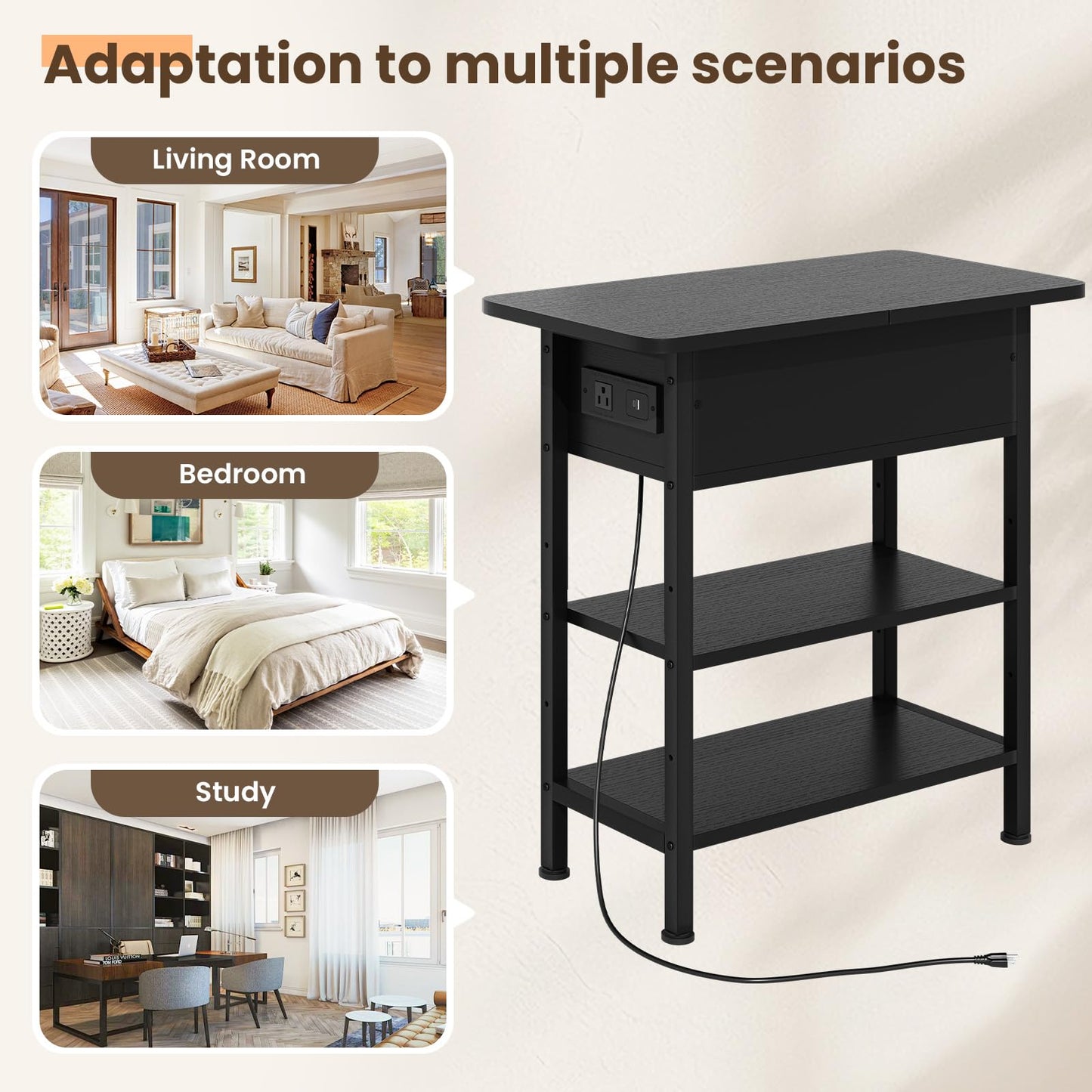 GRUSIGN End Table with Charging Station, Flip Top Side Table with USB Ports and Outlets, 3-Tier Small Side Table with Storage for Small Space, End Tables for Living Room/Bedroom, Black