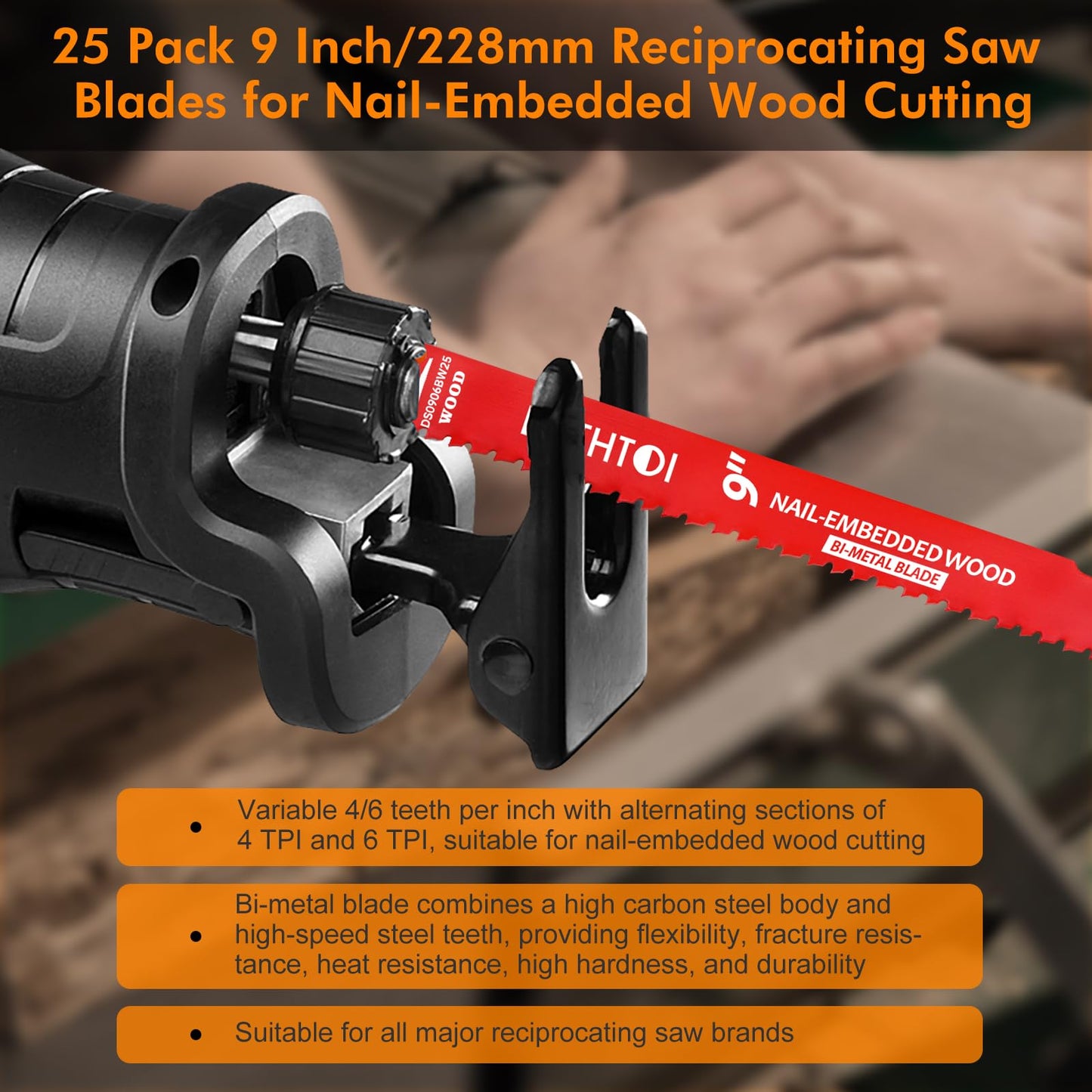 25 Pack 9 Inch 4/6 Tpi Reciprocating Saw Blades for Wood and Nail-Embedded Wood Cutting, Bi-Metal Sawzall Blades with 8% Cobalt for Longer Life and Faster Cutting Speed