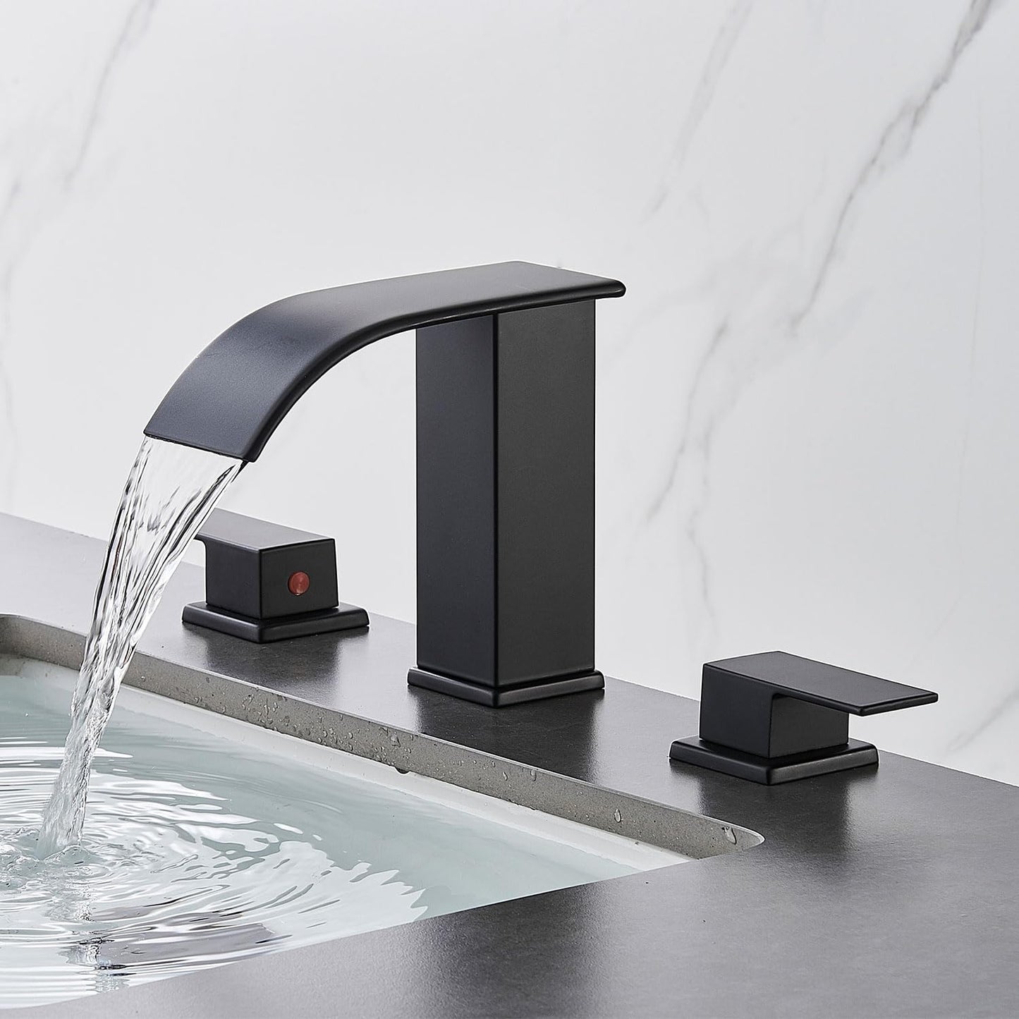 AVSIILE Matte Black Waterfall Bathroom Faucet 3 Hole, 8 Inch Widespread Modern 3 Piece Bathroom Sink Faucet, Touch On Lavatory Faucet for Vanity RV Restroom, Curved Spout