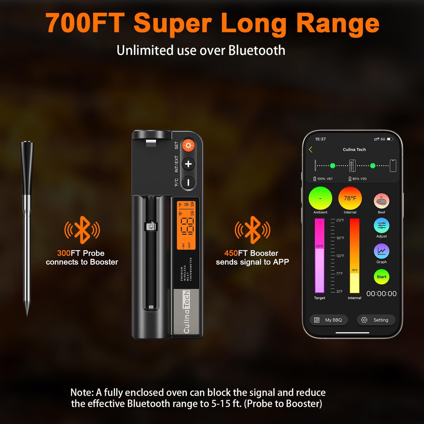 700FT Wireless Meat Thermometer with LCD Screen, Digital Cooking Food Thermometer for Beef Lamb Turkey, Dual Sensor Measures Internal & Ambient Temp