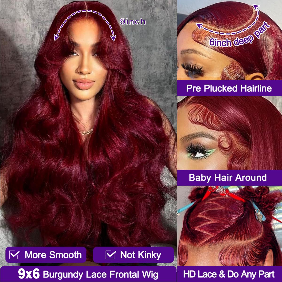 9X6 Wear and Go Glueless Wigs Human Hair Body Wave 200% Density HD Lace Front Wigs Human Hair Cherry Red Colored Brazilian Pre Plucked Pre Cut 99J Burgundy Ready to Wear Glueless Wigs (22 Inch)