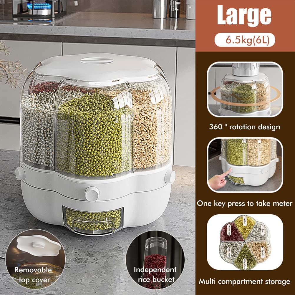 Enfudid Food Grain Storage Container Large Capacity 6-Grid Rice Dispenser, Rotatable Sealed Grain Food Storage Box Rice Bucket Dry Food Fruit Box Kitchen Storage Bucket for Home Kitchen- White 14.3LB