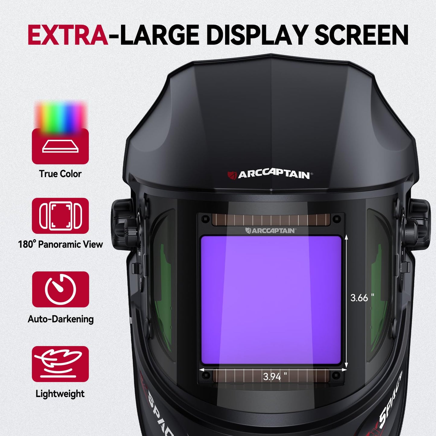 ARCCAPTAIN Auto Darkening Welding Helmet with Side View, 180° Panoramic View, 1/1/1/1 True Color Large Viewing Welding Hood with 4 Arc Sensor Solar Powered, Wide Shade 4/5-9/9-13 for TIG MIG ARC CUT