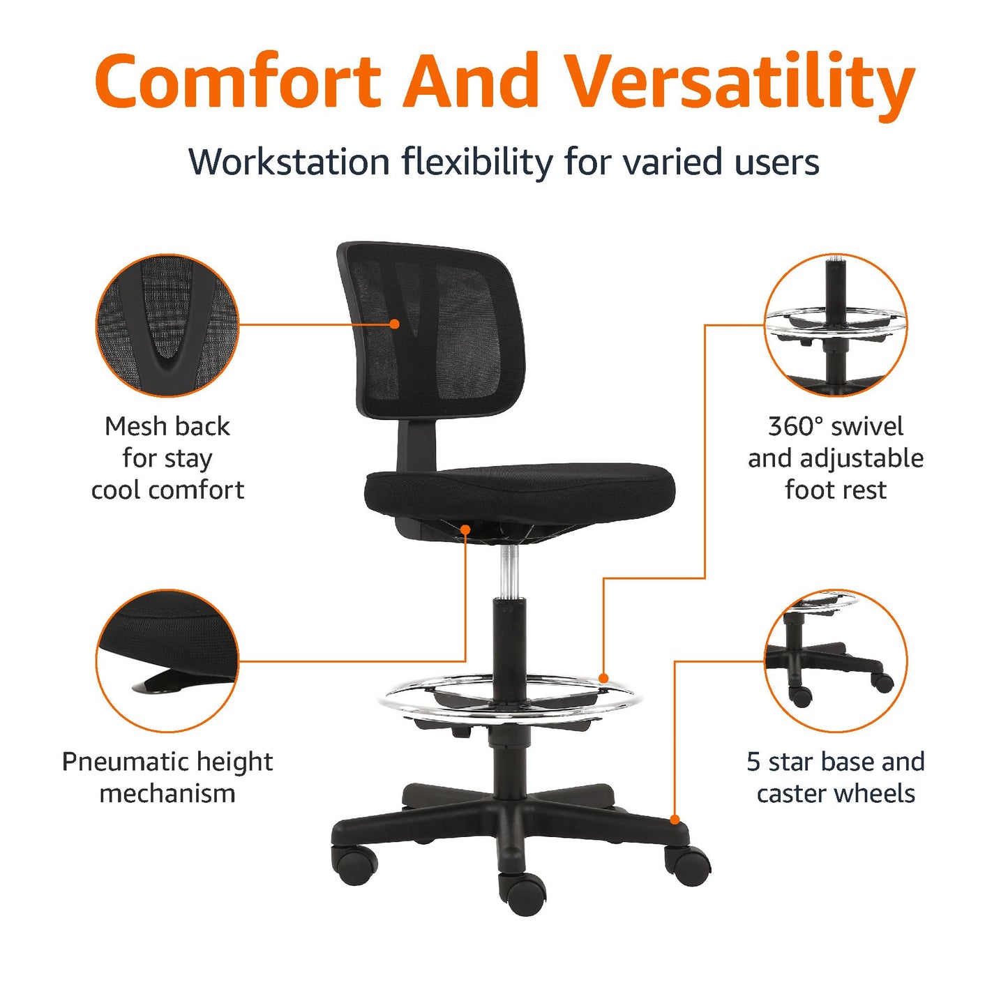 Amazon Basics Mid-Back Mesh Office Drafting Chair Stool with Adjustable Footrest, Black