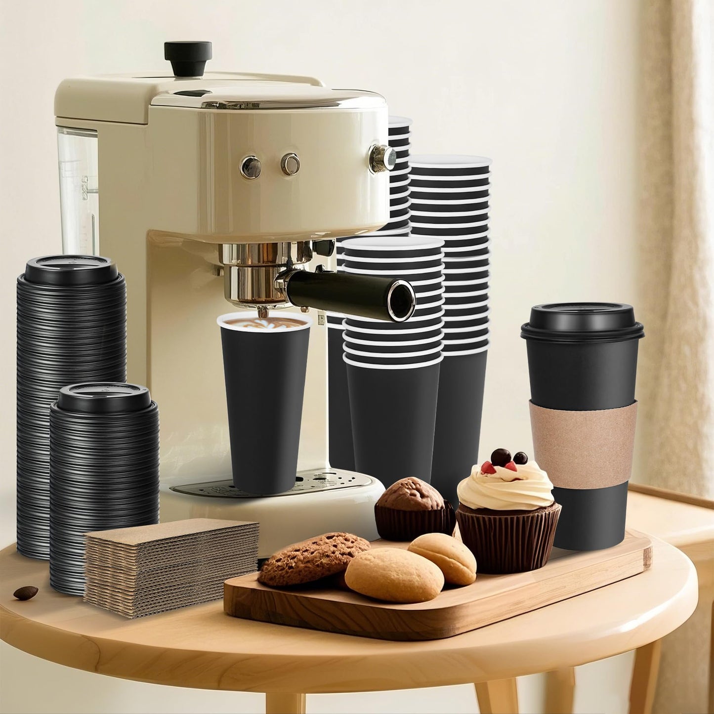 Ginkgo 100 Pack 20 oz Disposable Coffee Cups with Lids and Sleeves, Leak-Free Black Insulated Hot To Go Cups for Coffee Bars, Restaurants, Offices