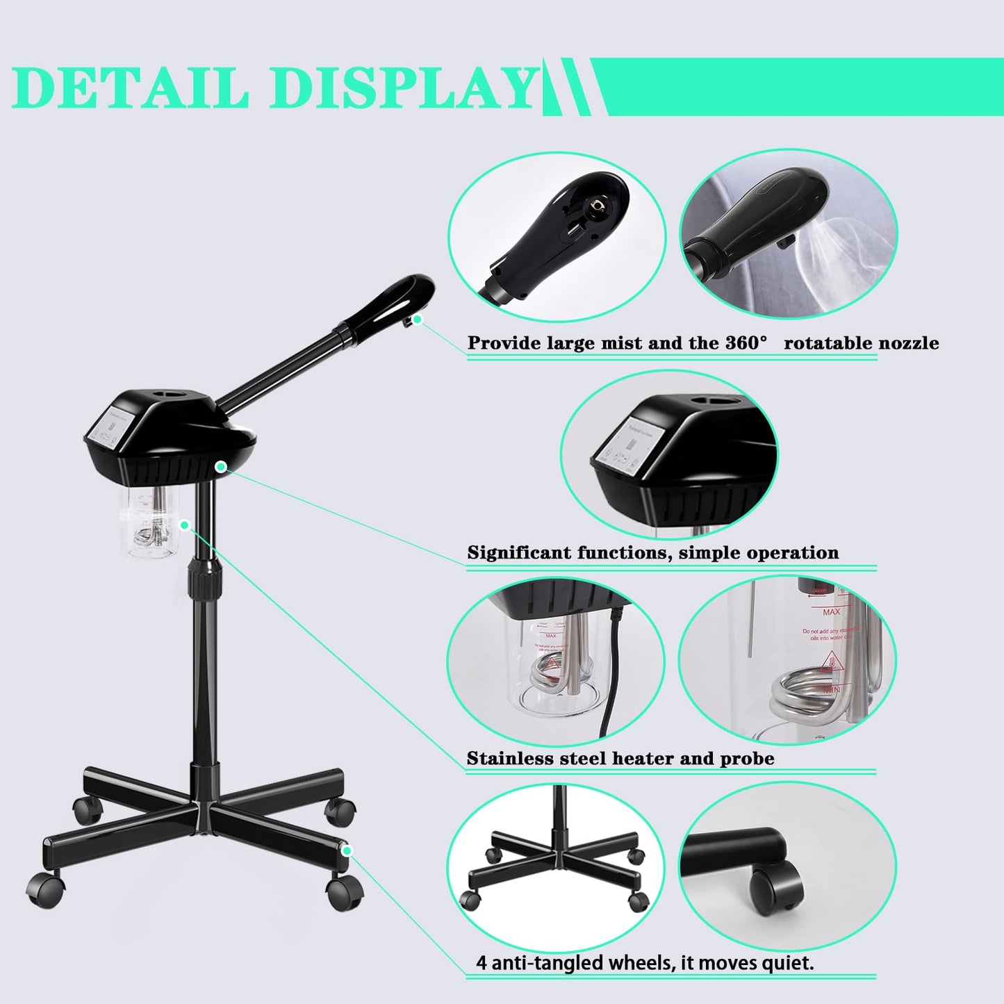 Lailelaodi Professional Ozone Facial Steamer on Wheels - Stand Steamer for Spa, Salon and Home Use