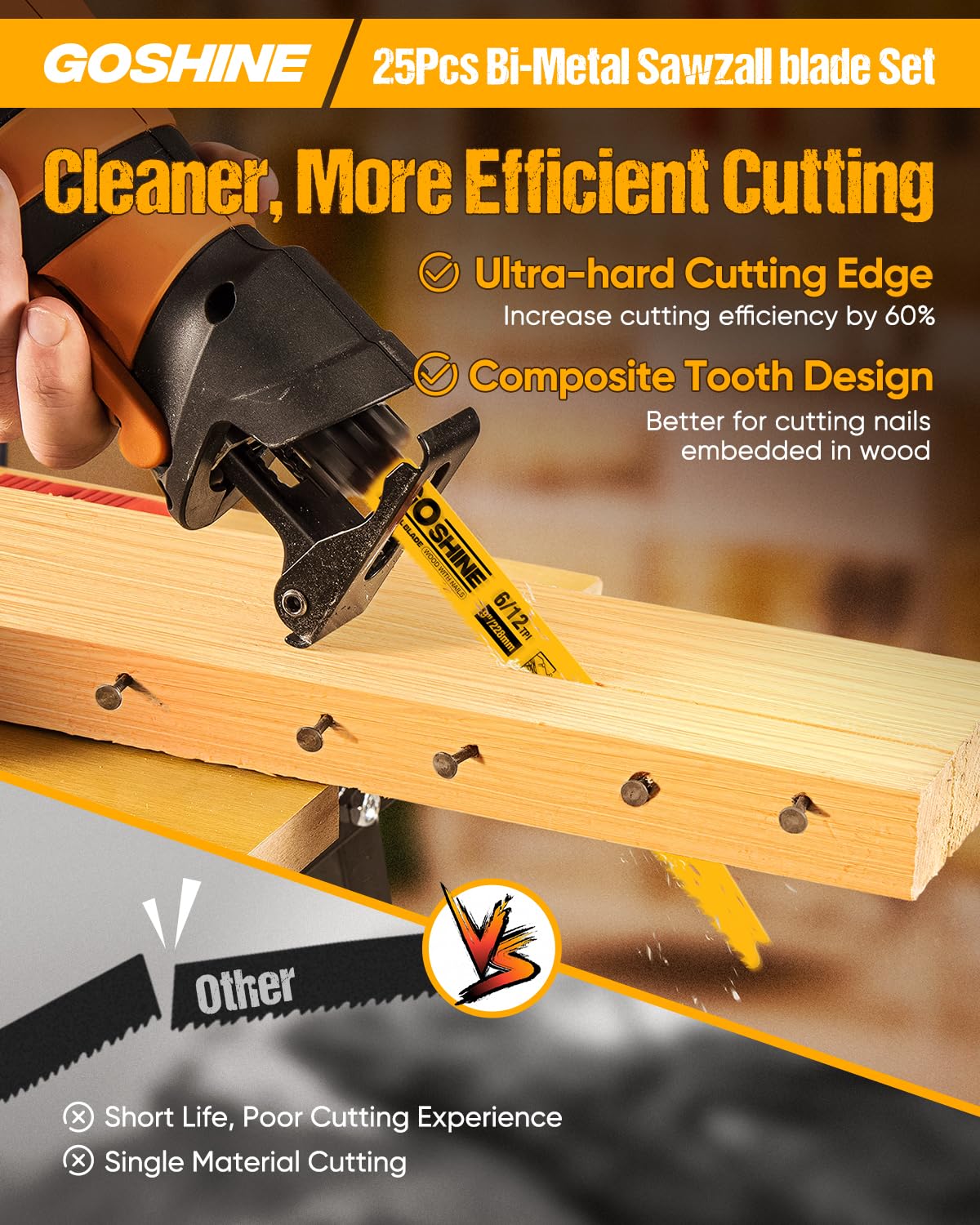25 Pack 9 in 6/12TPI Reciprocating Saw Blades,Stud and Nail sawzall Blades, 9" High-Strength Bi-Metal sawzall Blades for Wood and Nail-Embedded Wood, Small Branches, Pallets,PVC Pipe