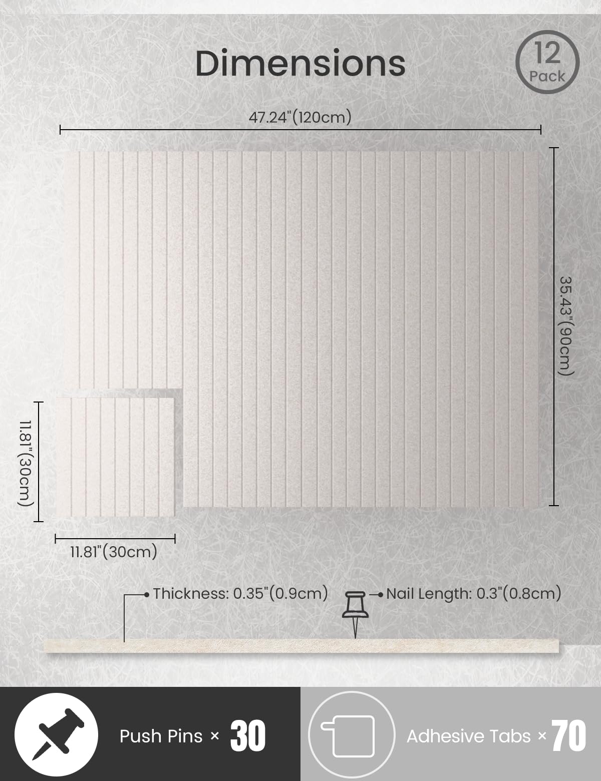 Bumusty Large Cork Board Alternative-47 x35 Felt Bulletin Board Tiles, with 30 Pushpins, 70 Adhesive Tabs, 12-Pack Slat Wall Paneling, Cork Boards for Office Push Pin Board Felt Board-Oatmeal