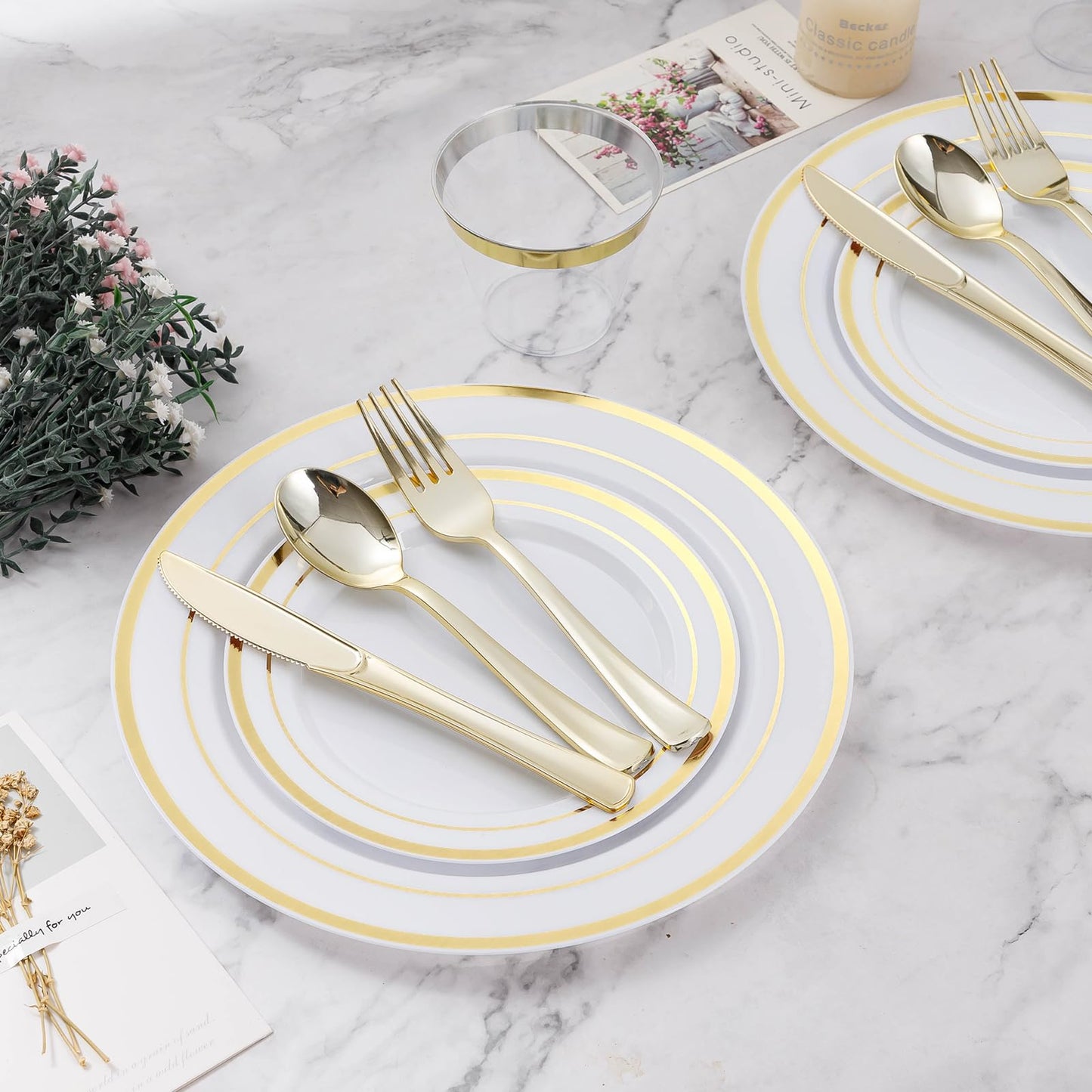 BESTVIP 300PCS Plastic Dinnerware Set (50 Guests), Gold Disposable Plates for Party, Wedding, Christmas, Anniversary, Includes: Dinner Plates, Dessert Plates, Cups, Spoons, Forks and Knives