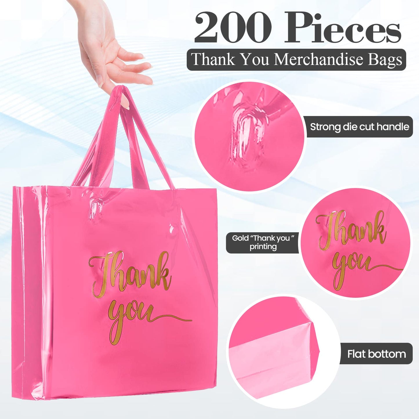 Teling 200 Pcs Thanks Bags with Handle Bulk Thank You Merchandise Bags 3 Size Plastic Packet Retail Shopping Package for Boutique 9 x 12'', 12 x 15'', 15 x 18''(Pink)